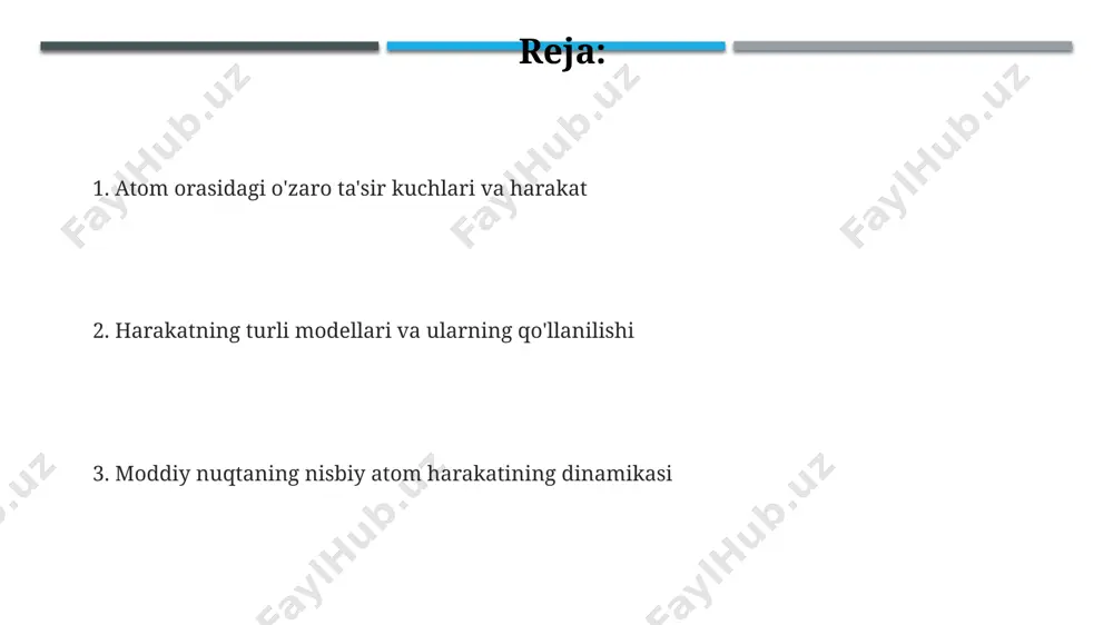 lning issiqlik sig'imiga ta'sir qiladi va debay modeli orqali tavsiflanadi. potensial energiya va uning atom harakatiga ta'siri har xil potensial energiya funksiyalari (masalan, lennard-jones potensiali) atom harakatining turli xususiyatlarini, jumladan, bog'lanish uzunligi va tebranish chastotasini belgilaydi. potensial energiyaning qiymati atomning muvozanat holatidan chekinishiga bog'liq bo'lib, masalan, 1 å masofadagi chekinish 10⁻²⁰ j atrofida energiya o'zgarishiga olib kelishi mumkin. kuchli potensial energiya gradienti atom harakatining tezligini va amplitudasini aniqlaydi, masalan, 10¹² n/m gradienti juda tez va kichik amplitudali tebranishlarga olib keladi. issiqlik o'tkazuvchanlik va atom harakati amorf moddalarda issiqlik o'tkazuvchanligi pastroq bo'ladi, chunki atomlar tartibsiz joylashgan va fononlarning tarqalishi qisqa o'rtacha erkin yugurish yo'li bilan chegaralanadi. issiqlik o'tkazuvchanlik kristall panjaradagi fononlarning – 10 12 hz chastotali tebranishlarning tarqalishi bilan bog'liq bo'lib, harorat 300k ga yetganda sezilarli darajada ortadi. metallarda issiqlik o'tkazuvchanligi asosan erkin elektronlarning kinetik energiyasini o'tkazishi orqali amalga oshiriladi, ularning o'rtacha tezligi 10 6 m/s atrofida. atom harakatining modellashtirilishi atom …