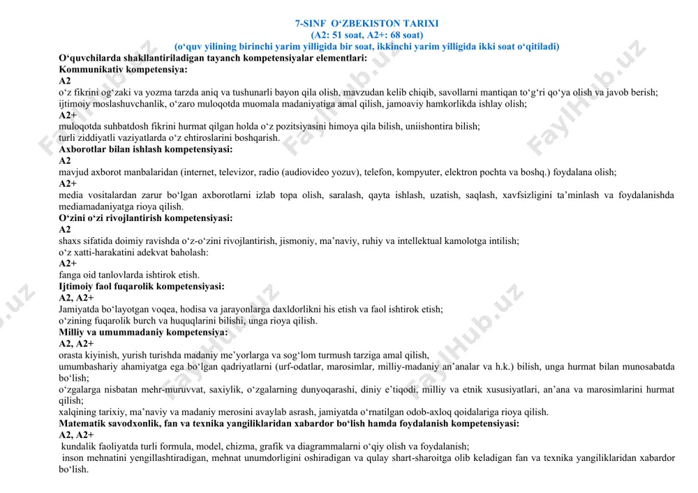 rga oid chizmalarni o‘qiy olish, rim raqamida yozilgan raqamlarni o‘qiy oladi. miloddan avvalgi, era, milodiy yillar o‘rtasidagi farqlarni matematik amallar bilan yecha oladi. a2+ hijriy yilni milodiy yilga aylantira oladi. 7-sinf o‘zbekiston tarixi (a2: 51 soat, a2+: 68 soat) (o‘quv yilining birinchi yarim yilligida bir soat, ikkinchi yarim yilligida ikki soat o‘qitiladi) o‘quvchilarda shakllantiriladigan tayanch kompetensiyalar elementlari: kommunikativ kompetensiya: a2 o‘z fikrini og‘zaki va yozma tarzda aniq va tushunarli bayon qila olish, mavzudan kelib chiqib, savollarni mantiqan to‘g‘ri qo‘ya olish va javob berish; ijtimoiy moslashuvchanlik, o‘zaro muloqotda muomala madaniyatiga amal qilish, jamoaviy hamkorlikda ishlay olish; a2+ muloqotda suhbatdosh fikrini hurmat qilgan holda o‘z pozitsiyasini himoya qila bilish, uniishontira bilish; turli ziddiyatli vaziyatlarda o‘z ehtiroslarini boshqarish. axborotlar bilan ishlash kompetensiyasi: a2 mavjud axborot manbalaridan (internet, televizor, radio (audiovideo yozuv), telefon, kompyuter, elektron pochta va boshq.) foydalana olish; a2+ media vositalardan zarur bo‘lgan axborotlarni izlab topa olish, saralash, qayta ishlash, uzatish, saqlash, …