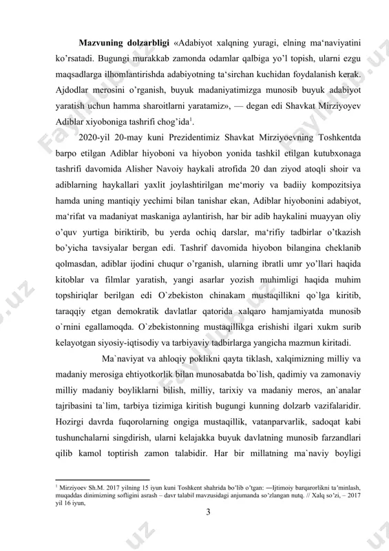 a ijodini lirik qahramon va monologik ohang tasvir mahorati nuqtayi nazaridan tahlil etib, xx asr o‘zbek she’riyatidagi o‘rniga baho berish; - shoirning lirik obrazlari tadrijini ko‘rsatish hamda poetik tasvirlash mahoratini yoritib berish; - lirik qahramonning fikrlash tabiati va badiiy talqin xususiyatlarni ochib berish; - polifoniyaning o‘ziga xos unsurlarini ko‘rsatish; mavzuning obyekti zulfiya asarlarida hijron va sadoqat motivlarini o’rganish. mavzuning predmeti o‘zbek she’riyatining yorqin namayondalaridan biri zulfiya ijodi asos qilib olingan. kurs ishining tarkibiy tuzulishi kirish, ikkita bob, to’rtta paragraf, xulosa va foydalanilgan adabiyotlardan iborat. [1: mirziyoev sh.m. 2017 yilning 15 iyun kuni toshkent shahrida boʼlib oʼtgan: ―ijtimoiy barqarorlikni taʼminlash, muqaddas dinimizning sofligini asrash – davr talabi‖ mavzusidagi anjumanda soʼzlangan nutq. // xalq soʼzi, – 2017 yil 16 iyun,] i bob. zulfiya she‘riyatining o‘ziga xosligi. 1.1 zulfiya ijodiyotining badiiy-estetik xususiyatlari mevaning toti u yetishgan ogʻochga qanchalik bogʻliq boʻlsa, ijodkorning bitganlari uning shaxsiyatiga ham shunchalik aloqadordir. sobiq shoʻro davridagi ijodkorlar orasida zulfiya …