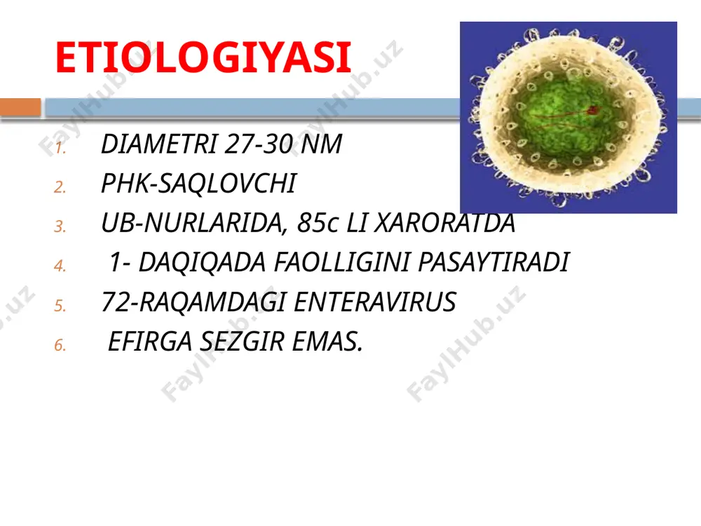 kasalxonadan chiqishga ruxsat beriladi agar bemorda qonida hbs ag bo’lsa poliklinika va dsens xabar beriladi paxrez buyuriladi 1 oy dan so’ng o’sha kasalxonada tekshiriladi 1,3,6,9 va 12 oylarda poliklinikada tekshiriladi гепатит д. вирус қузғатувчиси м. ризет ва бошқалар томонидан 1977 - йилда топилган. вирус гепатит билан касалланган беморнинг жигар тўқимасида ва гепатотцит ҳужайрасининг ядросида ифа усулида ажратиб олинган. морфологияси. вирус специфик шаклига эга. ҳажми 35 - 37 нм. у ташқи hbs антигенидан (аг) ашкил топган қобиқ билан ўралган бўлиб, ўзагида рнк молекуласини ва ички оқсилни тутади. оқсил вируснинг ягона вирус специфик геноми махсули ҳисобланади. геном 1 - ипли рнк молекуласидан иборат. вирус гепатоцит ҳужайраларида мустақил равишда купая олмайди. шунинг учун ҳам у доимо гепатит в вируси билан биргаликда учрайди. чунки, в вируси «ёрдамчи» сифатида иштирок этиши керак. шунинг учун ҳам д вируси гепатит в билан оғриган беморнинг қонида шаклланади. ҳозирги вақтда гепатит д вирусининг 3 та типии борлиги аниқланган: 1, …