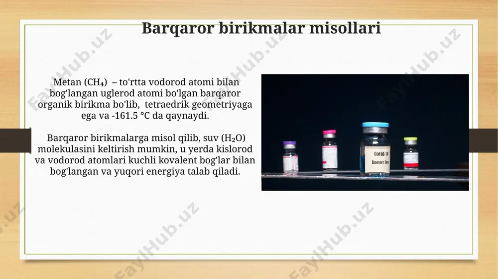 ovchi faollashtirish energiyasi (ea) ning yuqori qiymatlari bilan tavsiflanadi, masalan, ea > 100 kj/mol bo'lganda, modda xona haroratida yillar davomida o'zgarishsiz qolishi mumkin. kinetik barqarorlik termodinamik barqarorlikdan farq qiladi; termodinamik jihatdan beqaror birikma kinetik jihatdan barqaror bo'lishi mumkin, chunki uning parchalanish reaksiyasi juda sekin (kichik tezlik konstantasi, k < 10⁻⁶ s⁻¹). barqaror birikmalar ta'rifi barqaror birikmalarni hosil qilish jarayoni odatda ekzotermik reaksiya bo'lib, uning natijasida tashqi muhitga energiya ajralib chiqadi, masalan, reaktsiya issiqlik hosil qiladi. barqaror birikmalar, tarkibidagi atomlar o'rtasida kuchli kimyoviy bog'lanishlar tufayli yuqori energiya darajasiga ega bo'lmagan, dissosiatsiya energiyasi yuqori (masalan, 500 kj/mol dan yuqori) bo'lgan kimyoviy moddalardir. barqarorlikka ta'sir etuvchi omillar kristall panjara energiyasi yuqori bo'lgan ionli birikmalar, masalan, yuqori zaryadli ionlar bilan hosil bo'lganlar, odatda ancha barqarorroq bo'ladi. barqarorlikka ion radiusining nisbati va elektrmanfiylik farqi kabi omillar kuchli ta’sir ko'rsatadi; masalan, 1:1 nisbatdagi birikmalarning barqarorligi yuqori bo'ladi. e'tiboringiz uchun rahmat @taqdimot_robot image7.jpg image8.jpg image9.jpg image10.jpg image11.jpg …