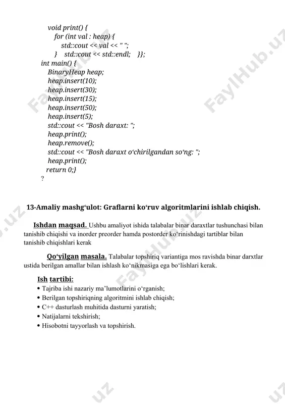 i tuzish. graph[0].push_back({1, 2}); graph[0].push_back({2, 4}); graph[1].push_back({2, 1}); graph[1].push_back({3, 7}); graph[2].push_back({4, 3}); graph[3].push_back({5, 1}); graph[4].push_back({5, 5}); int start = 0; vector distance; dijkstra(graph, start, distance); cout #include #include using namespace std; const int inf = int_max; // cheksiz sanoat reja. struct edge { int source, destination, weight; };void bellmanford(vector & edges, int n, int start, vector & distance) { distance.assign(n, inf); distance[start] = 0; for (int i = 1; i edges = { {0, 1, 2}, {0, 2, 4}, {1, 2, 1}, {1, 3, 7}, {2, 4, 3}, {3, 5, 1}, {4, 5, 5} }; int start = 0; vector distance; bellmanford(edges, n, start, distance); cout << "eng qisqa yo‘lni topish natijalari:" << endl; for (int i = 0; i < n; i++) { cout << "nuqta " << start << " dan " << i << " ga: " << distance[i] << endl; } return 0;} image1.png image2.png image3.png …