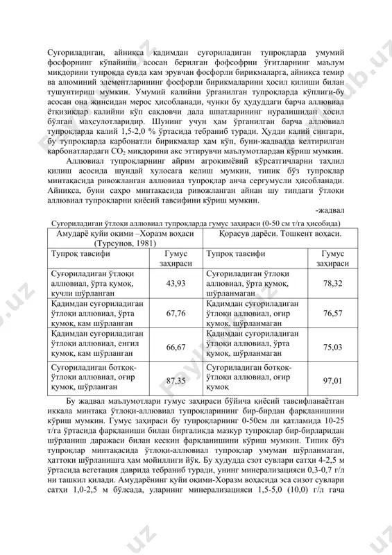 арнинг ҳайдалма қатламларда –0,086-0,101; ҳайдалма ости қатламларда эса 0,072-0,082, суғориладиган ўтлоқи тупроқларда – 0,074-0,063 %, қўриқ ўтлоқи-аллювиал тупроқларнинг чимли ва чим ости қатламида 0,120-0,225; тўқай-ўтлоқи аллювиал тупроқларда – 0,196-0,283, қўриқ ботқоқ-ўтлоқи тупроқларда 0,066-0,099 % ни ташкил қилди. кийинги остки қатламларда эса умумий азот камайиб барча аллювиал тупроқларда 0,033-0,040 % ни ташкил қилади. ўз ўринда шуни яна алоҳида қайд қилиш лозимки, аллювиал тупроқларнинг барчасининг гумуси азотли бирикмаларга бой ҳисобланади, буни c:n бўлган нисбатидан кўриш мумкин. бу нисбат ўрганилган тупроқларда 7-8 ўртасида бўлганлигини кўрсатиш лозим. суғориладиган барча ўтлоқи аллювиал тупроқларнинг ҳайдалма ва ҳайдалма ости қатламларида умумий фосфорнинг миқдори 0,16-0,18 % ўртасида тебраниб туради. бу кўрсатгич қўриқ ўтлоқи, ботқоқ-ўтлоқи, тўқай-ўтлоқи тупроқларда, гарчан бу тупроқлар гумус миқдори кўп бўлсада, умумий фосфор 0,14-0,15 % ўртасида тебраниб туради. суғориладиган, айниқса қадимдан суғориладиган тупроқларда умумий фосфорнинг кўпайиши асосан берилган фофсофрни ўғитларнинг маълум миқдорини тупроқда сувда кам эрувчан фосфорли бирикмаларга, айниқса темир ва алюминий элементларининг фосфорли бирикмаларини ҳосил …