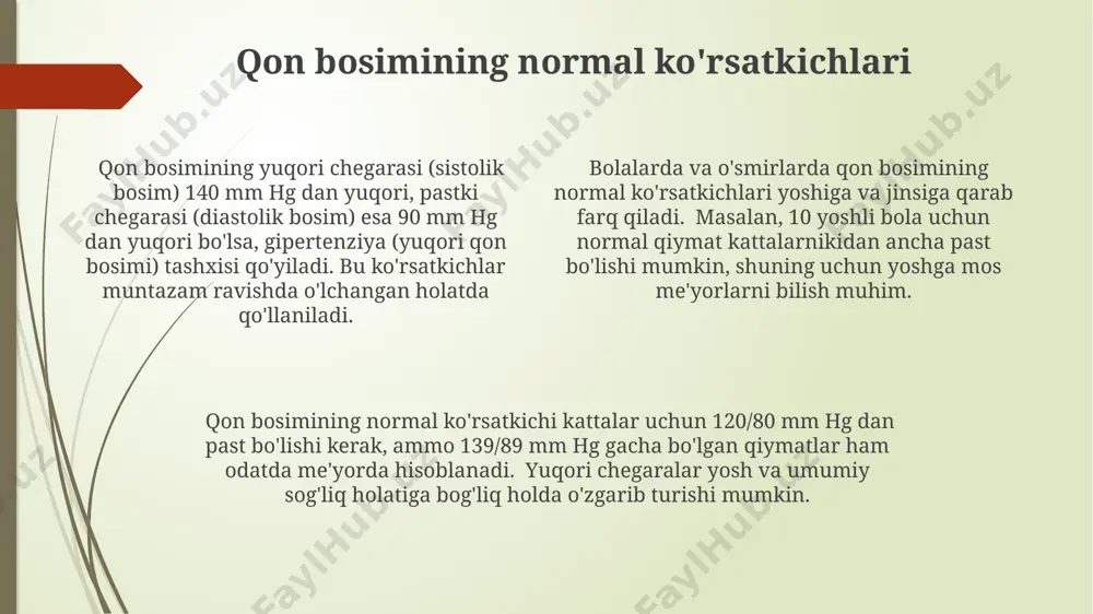 o'lchash kerak. gipotenziyaning oldini olishda etarli darajada suv ichish, tuz miqdorini ozgina oshirish (shifokor maslahati bilan), va temir, b12 vitamini kabi muhim ozuqa moddalarining yetishmasligini bartaraf etish muhim ahamiyatga ega. gipotenziyaning alomatlari qon bosimi 180/120 mm hg dan yuqori bo'lgan gipertenziya krizi qattiq bosh og'rig'i, ko'ngil aynishi, qusish va hushdan ketish bilan birga bo'lishi mumkin, bu favqulodda tibbiy holatdir. gipertenziyaning alomatlari ko'pincha asemptomatik bo'lib, qon bosimi 140/90 mm hg dan yuqori bo'lganda aniqlanadi, ammo bosh aylanishi, ko'rishning buzilishi va bosh og'rig'i kabi belgilar kuzatilishi mumkin. ba'zi hollarda, gipertenziya ko'krak qafasi og'rig'i, nafas qisilishi va yurak urishining tezlashuvi kabi juda xavfli alomatlar bilan namoyon bo'lishi mumkin, bu holatlar darhol tibbiy yordam talab qiladi. qon bosimini o'lchash usullari qon bosimini o'lchashda avtomatik uskunalar 120/80 mm hg kabi raqamlarni aniq ko'rsatadi, bu esa aniq o'qishni ta'minlaydi va inson omili xatosini kamaytiradi. manjetaning to'g'ri o'lchamini tanlash muhim, chunki noto'g'ri o'lcham noto'g'ri o'qishlarga olib kelishi …