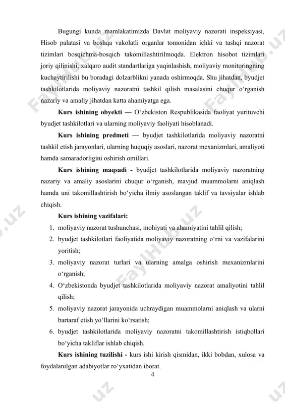 iladi. bu nazoratning asosiy mohiyati shundaki, u moliyaviy resurslardan oqilona foydalanishni ta’minlaydi va moliya tizimining barqarorligini kafolatlaydi. masalan, davlat byudjetidan ajratilgan mablag‘larni biror byudjet tashkiloti o‘z faoliyati doirasida noto‘g‘ri ishlatsa, moliyaviy nazorat organlari bu xatolikni aniqlab, uni bartaraf etish choralarini ko‘radi. shu bois moliyaviy nazorat mablag‘larning manzilli sarflanishiga, moliyaviy intizomning mustahkamlanishiga va iqtisodiy islohotlarning to‘g‘ri yo‘naltirilishiga xizmat qiladi[footnoteref:1]. [1: abdullayev, s. buxgalteriya hisobi va audit. – toshkent: iqtisodiyot, 2019. – 356 b.] moliyaviy nazoratning mohiyatini tushunishda bir nechta jihatlarni hisobga olish zarur. birinchidan, moliyaviy nazorat bu faqat tekshiruv emas, balki profilaktik choradir. ya’ni, u mablag‘larni noto‘g‘ri ishlatishni oldini olishga qaratilgan. masalan, bir tashkilot yil boshida byudjet mablag‘larini sarflash smetasini tuzadi. ushbu smeta oldindan moliyaviy nazorat organlari tomonidan ko‘rib chiqilib tasdiqlanadi. bu esa kelgusida yuzaga kelishi mumkin bo‘lgan moliyaviy qonunbuzarliklarning oldini olishga yordam beradi. ikkinchidan, moliyaviy nazorat moliya oqimlarini kuzatish va baholash vositasi sifatida ham xizmat qiladi. masalan, davlat byudjetidan ajratilgan …