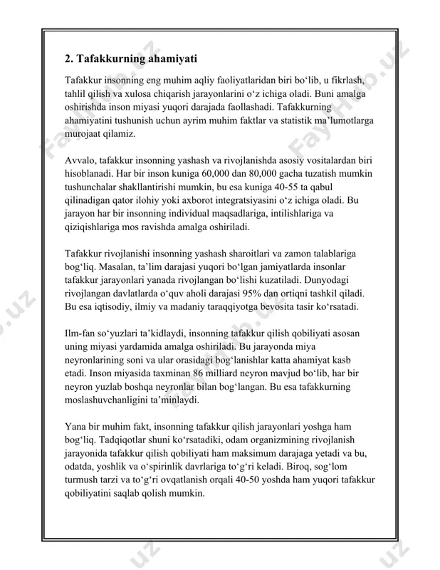 bki bosqichlarida konkret tafakkurdan foydalanadilar. masalan, ular qo'g'irchoqlar yoki o'yinchoqlar bilan o'ynaganda, o'z tajribalaridan foydalanishadi. 3. **kreativ tafakkur**: kreativ tafakkur yangi g'oyalar va echimlar yaratishni o'z ichiga oladi. bu tafakkur turi odatda san'atkorlar, yozuvchilar va boshqa ijodkor shaxslarda yuqori rivojlangan bo'ladi. kreativ tafakkur orqali insonlar yangi kashfiyotlar, san'at asarlari va texnologiyalar yaratadilar. 4. **kritik tafakkur**: kritik tafakkur tahlil qilish, baholash va tanqidiy yondashuv orqali tashqi ma'lumotlarni qayta ko'rib chiqishdir. bu tafakkur turi qaror qabul qilish jarayonida muhim bo'lib, insonlar ma'lumotlarga tanqidiy yondashib, ularning barda sifat asosida baholab ketadilar. 5. **ilmiy tafakkur**: ilmiy tafakkur tadqiqot va eksperimentlar orqali yangi bilimlarni tadqiq qiladi. olimlar va tadqiqotchilar ilmiy tafakkurdan keng ko'lamda foydalanadilar. bu tafakkur turi mantiqiy va strukturaviy yondashuv asosida ishlaydigan tafakkurdir. 6. **dag‘al tafakkur**: bu tafakkur turi aniq va batafsil ma’lumotlarga asoslangan holda fikrlashni anglatadi. dag‘al tafakkur ko’pincha ilmiy va texnikaviy vaziyatlarda qo’llaniladi, chunki bu bilan aniq natijalarga erishish mumkin. misol uchun, …