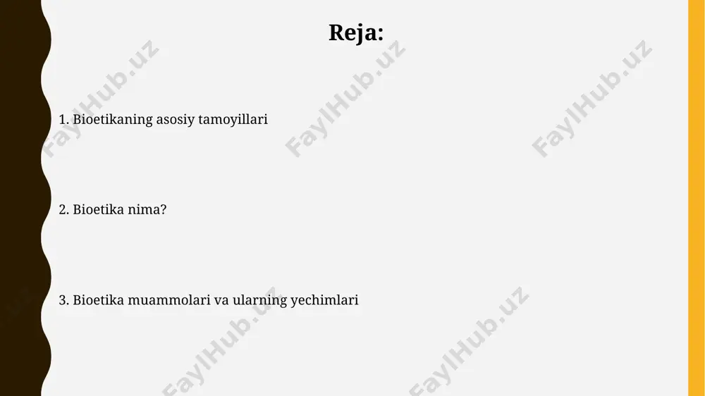 lishi bilan bog'liq yangi bioetikaviy savollarni keltirib chiqarmoqda. bioetika sohasida genetik muhandislikning tez rivojlanishi, 30 yildan ortiq vaqt ichida 2000 dan ortiq yangi gen terapiya usullarini ishlab chiqilishini keltirib chiqarmoqda, bu esa axloqiy va huquqiy muammolarni tug'diradi. bioetika va hayot oxiri muammolari o‘limga yaqin odamlarning 80% dan ortig‘i o‘zlarining hayotining oxirgi bosqichlarida qanday tibbiy yordam olishni xohlayotganlari haqida aniq ko‘rsatmalar qoldirmaganlar, bu esa bioetika nuqtai nazaridan jiddiy muammolar tug‘diradi. bioetika hayot oxiri muammolari bo‘yicha 30 dan ortiq turli xil qarorlarni qabul qilishda muhim rol o‘ynaydi, shu jumladan, tibbiy yordamdan voz kechish va palliativ terapiya kabi masalalarni ham o‘z ichiga oladi. bioetika nima? bioetikaning asosiy maqsadi – inson hayotiga ta’sir qiluvchi biotexnologiyalar va tibbiy tadqiqotlarning axloqiy jihatlarini tahlil qilish, 10 dan ortiq asosiy yo‘nalishlarga ega. bioetika – tibbiyot, biologiya va texnologiyalarning tez rivojlanishi natijasida paydo bo‘lgan axloqiy muammolarni o‘rganadigan fan sohasi bo‘lib, 3 asosiy printsipga – avtonomiya, xayrixohlik va adolatga asoslanadi. …