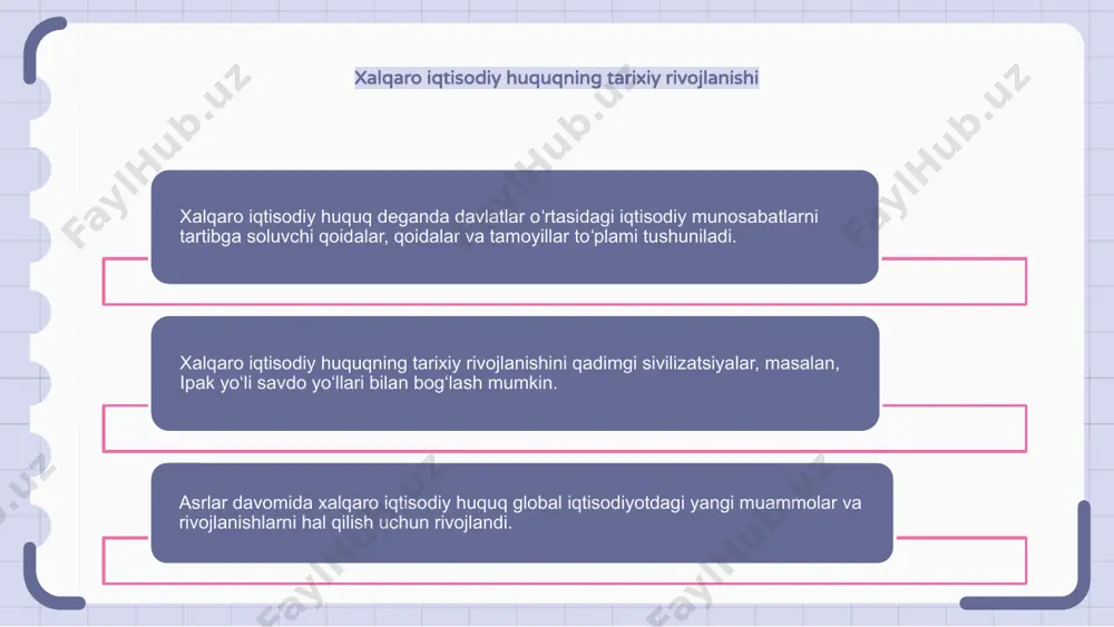a himoya qilish uchun asos yaratdilar. bunga patentlar, savdo belgilari, mualliflik huquqlari va tijorat sirlari kiradi. intellektual mulkni mustahkam himoya qilish korxonalar uchun intellektual aktivlarini sotish uchun xavfsiz muhitni ta'minlash orqali savdo va investitsiyalarni rivojlantiradi va texnologiya va bilimlarni chegaralar orqali uzatishni rag'batlantiradi. global iqtisodiyotda raqobat qonuni va siyosati xalqaro iqtisodiy huquq xalqaro iqtisodiy tizimni tartibga soluvchi keng ko‘lamli masalalarni, jumladan, raqobat huquqi va siyosatini o‘z ichiga oladi. raqobat to'g'risidagi qonun halol raqobatni rag'batlantirish va jahon iqtisodiyotida raqobatga qarshi amaliyotlarning oldini olishda hal qiluvchi rol o'ynaydi. u samarali bozorlar va iste'molchilar farovonligini ta'minlab, biznesning teng sharoitlarda raqobatlashishini ta'minlashga qaratilgan. mintaqaviy iqtisodiy integratsiya va xalqaro iqtisodiy huquq mintaqaviy iqtisodiy integratsiya xalqaro iqtisodiy huquqning asosiy xususiyati hisoblanadi. bu mintaqaviy blokni tashkil qilish uchun mamlakatlarning birlashishi va savdo-iqtisodiy hamkorlik uchun umumiy qoidalar va qoidalarni qabul qilish jarayonini nazarda tutadi. mintaqaviy iqtisodiy integratsiya erkin savdo bitimlari, bojxona ittifoqlari va umumiy bozorlar kabi turli shakllarda …