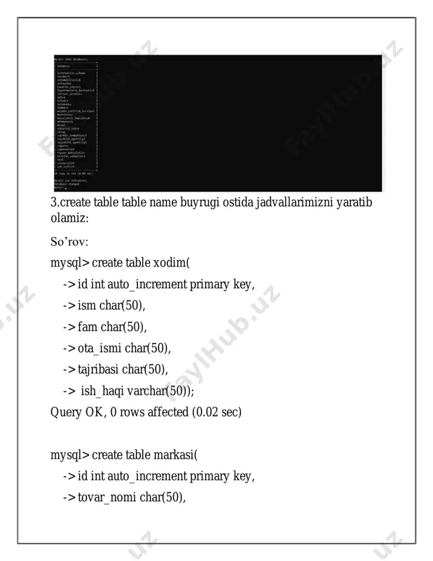 column xaridor_id int, -> add foreign key (xaridor_id) references xaridor(id); query ok, 0 rows affected (0.02 sec) records: 0 duplicates: 0 warnings: 0 natijasi: 4.insert into buyrug’i asosida malumotlar qushamiz so’rov mysql> insert into xaridor (ism, fam, ota_ismi, pasport_malumotlari, manzili, yoshi, jinsi) -> values ('john', 'doe', 'doe sr.', 'ab123456', '123 main st', '30', 'male'), -> ('alice', 'smith', 'smith sr.', 'cd987654', '456 elm st', '28', 'female'); query ok, 2 rows affected (0.00 sec) records: 2 duplicates: 0 warnings: 0 mysql> insert into markasi (tovar_nomi, davlat, zavod_ishlab_chiqaruvchi, manzili) -> values ('toyota', 'japan', 'toyota motors', 'tokyo'), -> ('bmw', 'germany', 'bmw ag', 'munich'); query ok, 2 rows affected (0.00 sec) records: 2 duplicates: 0 warnings: 0 mysql> insert into avtomobil (nomi, tovar, yili_chiqqan, rangi, narxi, markasi_id) -> values ('corolla', 'toyota', '2020-01-01', 'red', 25000, 1), -> ('x5', 'bmw', '2019-12-01', 'black', 35000, 2); query ok, 2 rows affected (0.00 sec) records: 2 duplicates: 0 warnings: 0 …