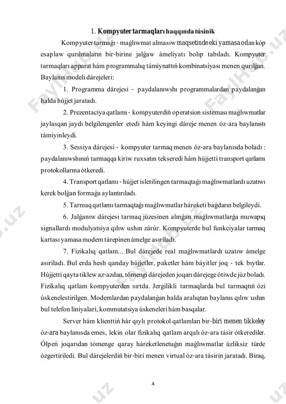 i” aldın oylap kóriń, keyin orınlań". tarmaq boylap oqadigan maǵlıwmatlar aǵısları kishreyedi, sebebi server aldın sorawlardı kórip shıǵadı hám keyin klientke kerekli zattı jiberedi. sonıń menen birge, server jazıwlarǵa bólek 6 kiriw ruxsatın qadaǵalaw etedi, bul bolsa maǵlıwmatlardıń úlken qawipsizligin támiyinleydi. jeke kompyuter tiykarında jaratılǵan " klient-server" modelinde tómendegiler usınıs etiledi: • tarmaq kóplegen serverler hám klientlerdi óz ishine aladı ; • esaplaw sistemasınıń tiykarın jumıs stanciyaları quraydı, olardıń hár biri klient wazıypasın atqaradı hám serverde jaylasqan maǵlıwmatlardı so'raydi; • sistema paydalanıwshısı kerekli maǵlıwmattı qaydalıǵın biliw mútajliginen qutıladı, ol jaysha kerekli zattı so'raydi; • sistema hár túrlı klass hám túrdegi kompyuterlerdi hár túrlı sistemalarǵa birlestirgen ashıq arxitektura formasında ámelge asıriladı. lan konfiguratsiyasi. jergilikli tarmaqtıń konfiguratsiyasi tapologiya dep ataladı. tómendegi tapologiyalar eń keń tarqalǵan : - shinalar - mashinalardan biri ulıwma fayllar, maǵlıwmatlar bazaları hám basqa esaplaw dáreklerine oraylasqan halda kirisiwdi támiyinleytuǵın sistema xızmeti apparatı bolıp xızmet etedi; - úzik - …