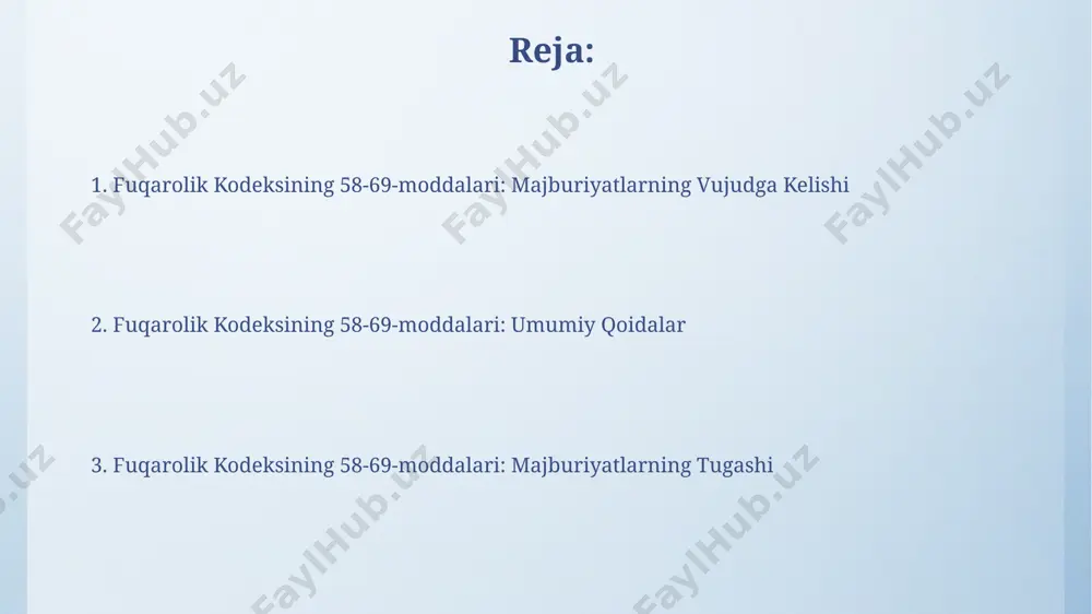 agan mulklarni, shu jumladan pul mablag'lari va qimmatli qog'ozlarni aniqlaydi. mulk huquqining obyektlariga qo'yiladigan talablar, shu jumladan, ularning aniqligi va ajratilishi 60-moddada batafsil bayon etilgan bo'lib, bu modda qonunchilikning muhim qismidir. fuqarolik kodeksining 61-moddasi 61-modda, mulk huquqining tarkibiy qismlari bo'lgan egalik qilish, foydalanish va tasarruf etish huquqlarini aniq belgilaydi va ularning o'zaro bog'liqligiga urg'u beradi. modda, mulk huquqining cheklanishlari, masalan, umumiy foydalanishdagi yerlarga nisbatan, davlat tomonidan belgilangan tartibda amalga oshirilishini tartibga soladi. bitimning o'zgartirilishi bitimni o‘zgartirish uchun tomonlarning ixtiyoriyligi, ya’ni ikkala tomonning ham o‘zaro kelishuvi, 58-69-moddalarda asosiy talab sifatida belgilanadi va bu kelishuv yozma shaklda rasmiylashtirilishi tavsiya etiladi. 58-69-moddalar bitimlarni o‘zgartirishning shartnomaviy usullarini, shu jumladan, qo‘shimcha shartnomalar tuzish orqali amalga oshirilishini tartibga soladi va bu jarayonda tomonlarning o‘zaro kelishuvi muhim ahamiyatga ega ekanligini ta’kidlaydi. fuqarolik kodeksining 65-moddasi moddaning 2-qismi, bir tomonlama tasarruf etish huquqiga ega bo'lgan mulk ob'ektlarini aniqlashda, qiymat miqdorini hisobga olishni ta'kidlaydi. fuqarolik kodeksining 65-moddasi mulkiy huquqlarning obyekti …