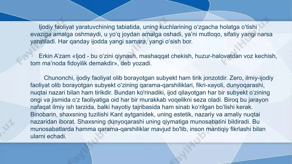 lar), jarayonlar (texnologik, energetik, agrotexnik, elektromagnit, moddiy materiallar elementlari va h.k.lar) kiradi. ilmiy tadqiqotlar, ko‘zlangan maqsadi, tabiat yoki ishlab chiqarish bilan bog‘liqlik darajasi, ilmiy ishning xarakteri va chuqurligiga (qamroviga) qarab fundamental, amaliy va ishlanmalarga bo‘linadi. etiboringiz uchun rahmat! image2.png image3.png image4.png image5.png image6.png image7.png image8.png