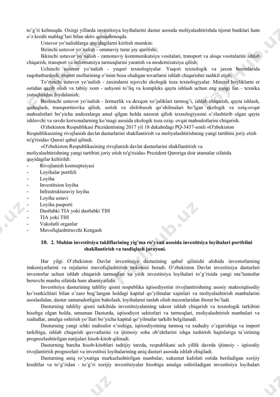 asosida kiritish; · ilgari boshlangan ob’ektlarni tugallash uchun markazlashtirilgan investitsiyalarni, birinchi navbatda, ajratish. loyihalarni tanlab olishda ularning samaradorligi, respublika iqtisodiyoti ayrim tarmoqlarini va mintaqalarini rivojlantirish ustuvorliklari, mahsulot sotish ko’rsatkichlari, shu jumladan eksportga yo’naltirilganlik, butlovchi buyumlar va kompanentlar ishlab chiqarishni mahalliylashtirishda qatnashish va shu kabilar asosiy mezonlar hisoblanadi. investitsiya dasturida loyihaning baholash qiymati, tugallanmagan qurilishi va qurilishni tugallash hamda foydalanishga topshirish uchun yillar bo’yicha joriy narxlarda moliyalashtirishga extiyoj, moliyalashtirishning tasdiqlangan manbalari to’g’risidagi ma’lumotlar ko’rsatiladi. investitsiya dasturini ishlab chiqishda yirik va o’ta muhim loyixalar alohida, katta bo’lmagan bir tipdagi loyihalar yaxlit kiritilishi mumkin (masalan: maktablar, qishloq, vrachlik punktlari qurilishi va boshqalar). investitsiya dasturini ishlab chiqish va amalga oshirishi bo’yicha barcha ishlarni o’zbekiston respublikasi iqtisodiyot vazirligi muvofiqlashtirib boradi. investitsiya dasturi o’zbekiston respublikasi prezidentining tegishli qarori bilan tasdiqlanadi. o’zbekiston respublikasining 2017 yilgi investitsiya dasturidagi kapital qo’yilmalarning asosiy parametrlari xs moliyalashtirish manbalari 2017 yil kapital qo’yilmalar, jami shu jumladan: 61 403 402 1. markazlashtirilgan investitsiyalar: …