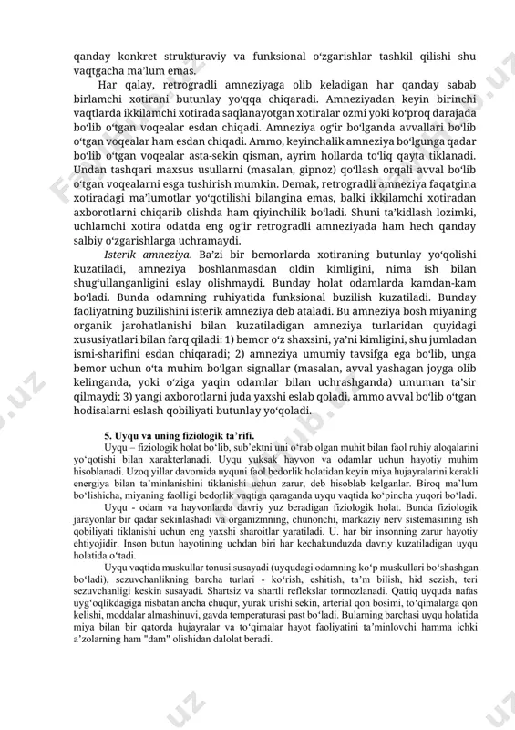 ‘rsatadi. neyropeptidlarni organizm a’zo va to‘qimalariga ta’siri hilma-xil. endogen peptid-boshqaruvchilar dnk, rnk va oqsil sintezlariga, gormon va neyromediatorlarning sintezi va ajralib chiqishiga, glikoliz, oksidlanishli fosforlanish va boshqa jarayonlarga ta’sir ko‘rsatadi. agar, markaziy nerv tizimining mediatorlari bilan peptidlarni reaksiyalarning modulyatori sifatida bir-biriga o‘hshashligi va bir-biridan farqini solishtradigan bo‘lsak quyidagi o‘zgarishlarni kuzatamiz. peptidlarning eng asosiy o‘ziga xosligi – ularning distant, ya’ni masofadan turib ta’sir ko‘rsatishi, uzoq vaqt nerv hujayralari kompleksini qo‘zg‘algan holatda o‘zgartirib turishi. neyromediatorlar faqat sinaptik bo‘shliqda ajralib chiqadi, ta’siri sinaps orqali millisekundlarda bo‘lib o‘tadi. peptidlarning ta’siri esa sinapsli kontaktlardan tashqarida ham bo‘laveradi. mediatorlar bilan neyropeptidlarning bir-biridan farqi yana nimada ko‘rinadi? mediatorlarni sintezi ham neyron tanasida, ham neyron oxirlarida bo‘ladi. neyropeptidlar asosan neyron tanasida (somada) sintezlanadi va akson bo‘ylab uzatiladi. mediatorlardan farqi qaytadan qabul qilinmaydi, retseptor bilan hamkorlikda ta’sir ko‘rsatgan joyida parchalanib ketmaydi. shu bilan birga bir peptidning o‘zi bir hujayra tizimida mediator bo‘la turib, ikkinchi hujayra tizimida ham mediatorlik rolini …