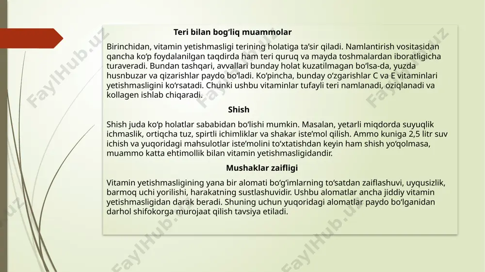 ilan qoplanadi. b6 vitamini yetishmasligi alomatlari (giporiboflavinoz) konyunktivit rivojlanadi. lablarning qizil chegarasi quriydi va po’stlashadi, og’iz burchaklarida yoriqlar paydo bo’ladi. til qip-qizil, porloq bo’ladi. tish izlari uning yon tomonlarida paydo bo’ladi b12 vitamini yetishmasligi alomatlari anemiya va atrofik gastrit belgilari rivojlanadi. tilda kuyish va sanchish o’choqlari hosil bo’ladi. mushak tonusi zaiflashadi, bemorning yurishi o’zgaradi. c vitamini yetishmasligi alomatlari (milk kasalligi) tish go’shti shishadi va qon ketadi. teri ingichka bo’lib, quruq, mo’rt bo’lib qoladi. tizza bo’g’imlarining gemartrozi rivojlanadi, tishlar bo’shashadi va to’kiladi. avitaminoz — tashxislash vitamin yetishmovchiligining belgilari gastroenterologga tezda murojaat qilish kerakligini anglatadi. shifokor bemorni fizik tekshiruvdan o’tkazadi va anamnez uchun ma’lumot to’playdi. avitaminoz namoyon bo’lishi o’ziga xosdir, shuning uchun ko’p hollarda tashxis qo’yish qiyinchilik tug’dirmaydi. laboratoriya sharoitida bemorning biomateriallarini tahlil qilish vitamin yetishmasligi darajasini baholash va unga olib kelishi mumkin bo’lgan patologiyalarni aniqlashga imkon beradi. surunkali patologiyalar mavjud bo’lganda yoki vitamin yetishmovchiligini keltirib chiqaradigan dorilar bilan davolanishda bemorga shifokorlar …