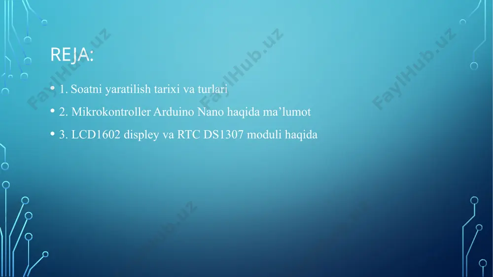 ga328pu ishlash kuchlanishi: 5v ta'minot kuchlanishi (tavsiya etiladi): 7-12v ta'minot kuchlanishi (chegara): 6-20v raqamli i/u: 14 (shundan 6 tasi pwm chiqishi sifatida ishlatilishi mumkin) analog kirishlar: 6 adc bit chuqurligi: 10-bit bitta chiqish/chiqishning maksimal oqimi: 40ma (tavsiya etiladi: 20ma) maksimal 3,3v chiqish oqimi: 50ma lcd 1602 displey va rtc ds1307 moduli haqida suyuq kristalli displey (suyuq kristall displey) suyuq kristall texnologiyasi asosida qurilgan qisqartirilgan lcd displeydir. elektron qurilmalarni loyihalashda bizga ma'lumotni ko'rsatish uchun arzon qurilma kerak va ikkinchi darajada muhim omil - arduino uchun tayyor kutubxonalarning mavjudligi. bozorda mavjud bo'lgan barcha lcd displeylar ichida eng ko'p ishlatiladigan lcd 1602a bo'lib, u ascii belgilarini 2 satrda (har bir satr uchun 16 ta belgi) 5x7 pikselli matritsadagi har bir belgini ko'rsatishi mumkin lcd 1602a hitachi kompaniyasining hd44780 drayveriga asoslangan elektron moduldir. lcd1602 16 pinga ega va 4 bitli rejimda (faqat 4 ma'lumot liniyasidan foydalangan holda) yoki 8 bitli rejimda (barcha 8 ma'lumot …