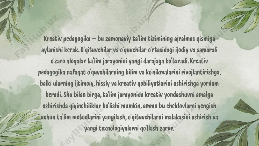 urmat qiladigan, raqamli texnologiyalarni qo‘llay oladigan, ijodiy muhit yaratadigan shaxsdir. o‘zbekiston ta’lim tizimida kreativ pedagogikaning rivojlanishi o‘zbekiston respublikasi prezidentining “yangi o‘zbekiston — ta’limli jamiyat” konsepsiyasida kreativ yondashuv davlat ta’lim siyosatining asosiy yo‘nalishlaridan biri sifatida e’tirof etilgan. bugungi kunda: innovatsion maktablar tarmog‘i kengaymoqda; steam ta’lim tizimi (science, technology, engineering, art, mathematics) joriy qilinmoqda; ijodiy laboratoriyalar, startap markazlar tashkil etilmoqda; o‘qituvchilarning kreativ kompetensiyasini oshirish kurslari o‘tkazilmoqda. kreativ pedagogikaning metodik asoslari o‘qitishda kreativ metodlar: problemali ta’lim: o‘quvchilarga muammo yaratib, ular hal qilish uchun ijodiy yondashuvni talab qilish. ijodiy yozuv va interaktiv faoliyat: o‘quvchilarga erkin fikr bildirish va yozma ishlanmalar yaratish imkonini berish. rol o‘ynash va simulyatsiya: ta’limda o‘quvchilarning turli vaziyatlarda o‘zlarini ko‘rsatishi uchun simulyatsiyalarni qo‘llash. debatlar va diskussiyalar: o‘quvchilarga mustaqil fikr yuritish va ijodiy g‘oyalarni himoya qilish imkoniyatini yaratish. kreativ pedagogikaning ta’lim jarayonida qo‘llanilishi kreativ pedagogika sinfda: kreativ o‘qitishning sinfdagi samarali metodlari va faoliyatlar. o‘quvchilarning ijodiy fikrlarini qo‘llab-quvvatlash va ularni rivojlantirish. o‘quvchilarni o‘zlarining …