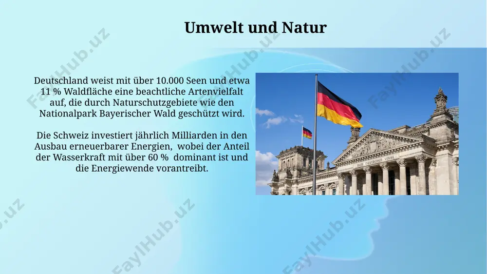 ie das hohe qualitätsniveau und die regionalen besonderheiten widerspiegeln. deutschlands bierproduktion umfasst über 2.300 verschiedene biersorten, deutlich mehr als in vielen anderen ländern, was die große vielfalt der regionalen braukultur unterstreicht. kunst und architektur zahlreiche romanische und gotische kathedralen, wie der kölner dom (bauzeit: über 600 jahre), zeugen von der langen und bedeutenden geschichte der architektur im deutschsprachigen raum. die bauhaus-schule, gegründet 1919 in weimar, beeinflusste die architektur und das design weltweit mit ihrem funktionalistischen stil und prägte über 100 jahre gestaltungsprinzipien. geographische lage deutschland erstreckt sich über ca. 357.000 quadratkilometer und grenzt an neun länder, darunter dänemark, polen und die schweiz, was seine zentrale lage in mitteleuropa unterstreicht. luxemburg, das kleinste der drei länder, umfasst lediglich 2.586 quadratkilometer und ist vollständig von frankreich, belgien und deutschland umschlossen, was seine einzigartige geographische position verdeutlicht. verkehr und infrastruktur die schweiz investiert stark in den ausbau ihres schienennetzes, mit hochgeschwindigkeitszügen, die städte …