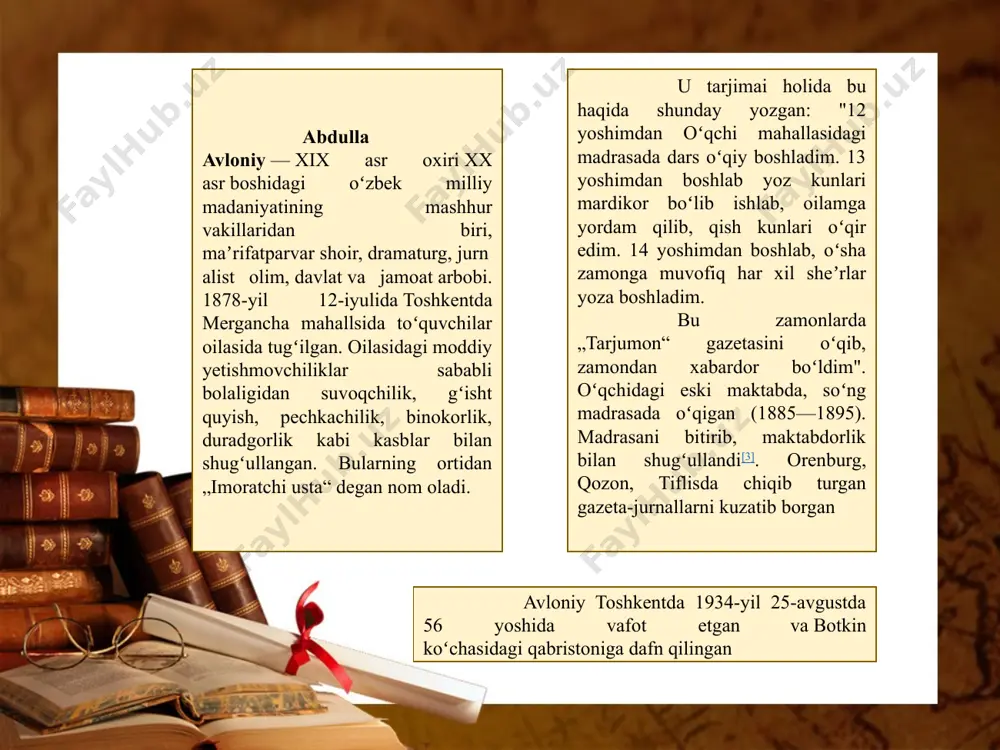yo saodat - yo falokat masalasidur. rasuli akram nabiyyi muhtaram sallollohu alayhi vasallam afandimiz: « insonlarning karami dinidadur, muruvvati aqlindadur, hasabi axloqindadur», — demishlar. fikr agar yaxshi tarbiyat topsa, xanjar, olmosdan bo 'lur о ‘tkur. fikring oyinasi olursa zang, ruhi ravshan zamir о 'lur benur. xulosa abdulla avloniy kishining ilm olishini eng oliy fazilat hisoblaydi. uning aytishicha, ilm agar jamiyat manfaatiga xizmat qilmasa, ilm xalq farovonligi yo‘lida qo‘llanilmasa, u o‘likdir. shuning uchun ham, adib xalqqa ko‘proq nafi tegadigan ilm-hunar bilan shug‘ullanishni taklif etadi. abdulla avloniy atoqli pedagog, murabbiy sifatida butun hayotini ma’rifat rivojiga baxsh etdi. u o‘z ilmiy asarlari, darsliklarida vatan, vatanparvarlik, ilm-hunar, axloq-odob, ma’rifat, inson kamoloti, jamiyat rivoji haqida fikrlarni bayon qildi foydalanilgan adabiyotlar ro‘yxati: o‘zbekiston respublikasi prezidenti sh. mirziyoyevning “qatag‘on qurbonlarining merosini yanada chuqur o‘rganish va ular xotirasini abadiylashtirishga doir qo‘shimcha chora-tadbirlar to‘g‘risida”gi farmoyishi 2020-yil 8-oktyabr, f-5598-son. qonun hujjatlari ma’lumotlari milliy bazasi, 03.01.2020 y., 09/20/1059/4265-son, 19.06.2020 y., 09/20/391/0777-son). …