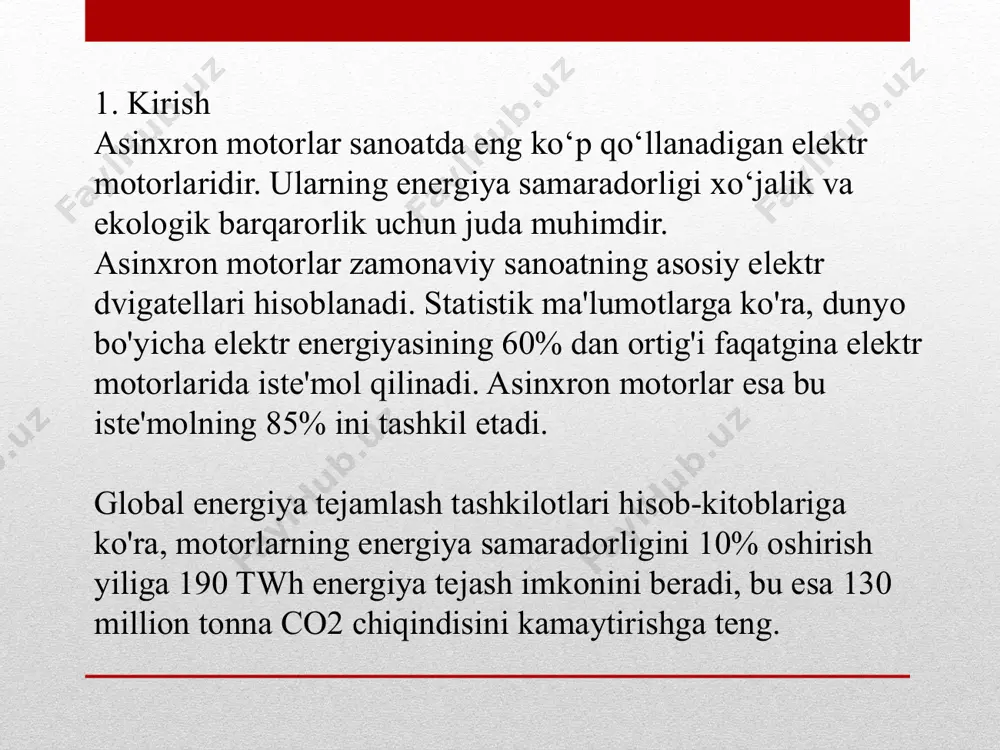 yn bosqichi - ie3/ie4 klassli motorlarni tanlash 2. boshqaruv bosqichi - vfd yoki soft-starter o'rnatish 3. ekspluatatsiya bosqichi - muntazam texnik xizmat ko'rsatish 6.2. iqtisodiy samaradorlik investitsiyalarning qoplanish muddati: t = δk/δc bu yerda: δk - qo'shimcha xarajatlar δc - yillik energiya tejami misol: ie4 motor uchun qo'shimcha xarajat $1000, yillik tejam $700 → t ≈ 1.5 yil foydalanilgan adabiyotlar 1. "elektr mashinalari" – *o‘zbekiston respublikasi oliy va o‘rta maxsus ta‘lim vazirligi, 2019* *o‘zbek tilidagi darslik, asinxron motorlarning nazariyasi.* 2. "energiya tejash texnologiyalari" – *toshkent davlat texnika universiteti, 2021* *sanoatda energiya samaradorligini oshirish usullari.* 3. o‘zstandart – *dstu iec 60034-30-1:2020* 4 *o‘zbekistonda qabul qilingan motor samaradorligi standartlari.* image2.jpeg image3.png /docprops/thumbnail.jpeg