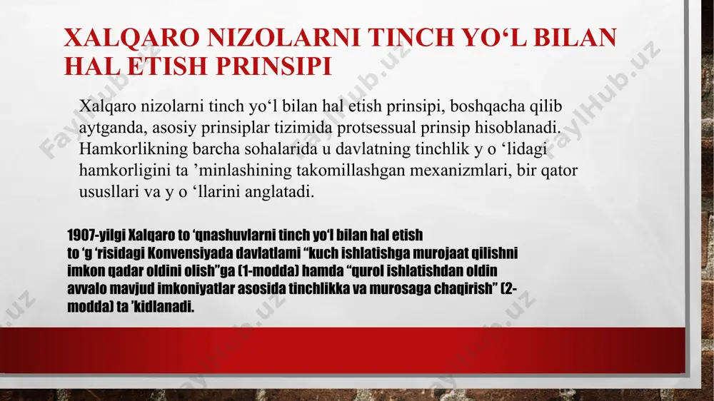 asosan choralar ko‘rishga prinsip daxl qilmaydi. davlatlarning ichki ishlariga aralashmaslik prinsipi, shuningdek suverenitetlikning mavjudligi bilan uzviy bog’lq hamda uning elementlaridan biri bilan - davlatlaming o 'z ichki vakolatini amalga oshirishda mustaqilligi kabi elementiga asoslanadi. xalqaro nizolarni tinch hal etish prinsipi: mazmuni nizolarni ogohlantirish va uni haletish xalqaro huquqda majburiyatlami vijdonan bajarishva suveren tenglik prinsipi asosida amalga osniriladi davlatlar nizolar vujudga kelishidan xalos bo'lishlari uchun halollik ruhida harakat qilishlari va o'zaro nizolar mavjud bo‘igan taqdirda uni tez va adolatli hal etishga intilishlari zarur hujjatlar 1922 yildagi millatlar ligasi nizomi urushdan voz kechish to'g'risidagi parij pakti (1928) bmt nizomi (1945) 1922-yildagi millatlar ligasi mazmuni har qanday xalqaro nizolar tinch yo’l bilan hal etilishi lozim tinch уо’l bilan hal etish jarayoni davlatlaming ichki ishlariga aralashish bilan olib borilmaslik lozim. hujjat xalqaro huquq prinsiplari to'g'risidagi deklaratsiya (19701 1982-yilgi xalqaro nizolarni tinch y o i bilan hal etish to'g'risidagi manila deklaratsiyasi exhkning yakuniy hujjati п975) …