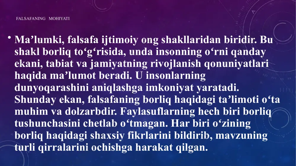 dagi qismi potensial borliq deyiladi. potensial borliq hali voqelikka aylanishga ulgurmagan aktual borliqdir”. maʼlumki, borliqda harakat mavjud, oʻzgarish mavjud. bu – borliq ichidagi xususiyat. borliq bilan harakat ajralmas, bir butundir. borliq harakatsiz, harakatsiz borliq boʻlishi mumkin emas. tadqiqotda bu jarayon chuqur ilmiy tahlil qilingani yaqqol koʻzga tashlanadi. b.toʻrayev mavzuni kashfiyotlarga asoslangan holda tasvirlaydi va borliqning shakllarini dalillar yordamida koʻrsatib beradi. . monografiyaning uchinchi bobidagi maʼlumotlar oʻquvchini borliq kategoriyasiga yanada jiddiyroq yondashishga undaydi. chunki unda koʻpgina adabiyotlarda yoritilmagan maʼlumotlar aks etgan. muallif fazo va vaqtni, vaqtning mukammal taʼrifidan u haqdagi nazariya va qarashlar, substansional va relyatsion konsepsiyalar, vaqtning turli modellari, koʻlam tushunchasi, davomiylik xususiyatlari, izotroplik va anizotroplik, egilganlik xususiyatlari va topologik unsurlarigacha batafsil tahlil qilgan. uning bu sohalarni mukammal bilib xulosalar chiqargani, falsafadagi borliq kategoriyasi toʻgʻrisidagi tasavvurlarni kengaytiradi va boyitadi. ijtimoiy borliq ijtimoiy borliq- individual, yakka shaxs va jamiyat borligining birligini bildiradi. "ijtimoiy borliq deyilganda, individual yakka shaxs va jamiyat hayotining …