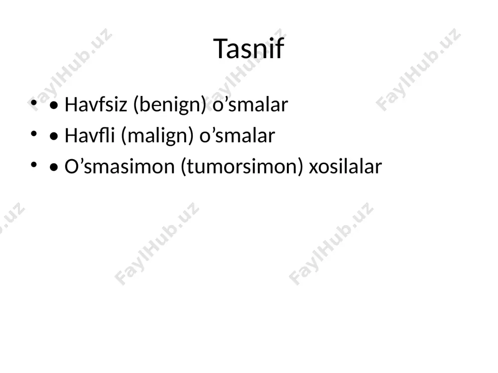 a • tez o’sish, qon ketish va og’riq terining o’smalari • bazo-hujayrali karsinoma • yuz sohasida keng tarqalgan • radikal ekskiziya qilinadi melanoma • eng agressiv teri o’smasi • erta metastaz beradi • immunoterapiya, jarrohlik limfoid to’qima o’smalari • limfoma — limfa tugunlarida, og’iz bo’shlig’ida • og’riqsiz, zich shish • biopsiya, immunofenotiplash, r-chop klinik belgilar • shish • og’riq • og’iz ochilishining cheklanishi • yuz nervining falaji • limfa tugunlarining kattalashuvi diagnostika usullari • anamnez va ko’rik • rentgen, kt, mrt • biopsiya (incisional, fnab) • sitologiya va gistologiya biopsiyaning ahamiyati • diferensial tashxis qo’yish • o’sma turi va darajasini aniqlash • immunogistokimyo qo’llaniladi radiologik belgilar • suyak destruksiyasi • “sabun pufagi” yoki “ari uyasi” ko’rinishi • yumshoq to’qimalarda infiltrat davolash prinsiplari • jarrohlik: asosiy usul • radioterapiya: havfli o’smalarda • kimyoterapiya: sistemali tarqalganlarda • kombinatsiyalangan yondashuv jarrohlik usullari • enukleatsiya (havfsiz o’smalarda) • resection (agressiv va havfli o’smalarda) • …