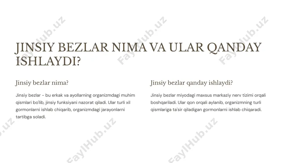 tida aniqlash va davolash muhim. 10 xulosa va eslatmalar 1 jinsiy bezlar muhim jinsiy bezlar organizmda ko'plab muhim jarayonlarni boshqaradi. 2 salomatlikning asosi jinsiy bezlar sog'lom bo'lishi odam salomatligi uchun juda muhim. 3 oldini olish va davolash jinsiy bezlar kasalliklarini erta aniqlash va ularga qarshi kurashish zarur. 11 image3.png image4.png image5.png image1.png image2.png image6.png image7.png image8.png image9.png image10.png image11.png image12.png image13.png image14.png image15.png image16.png image17.png image18.png