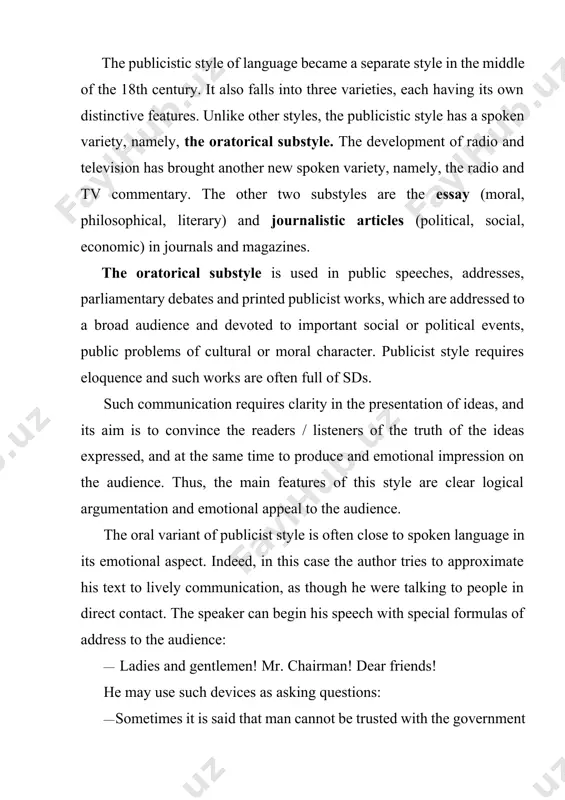 ete extended sentences connected by conjunctions clearly showing the relations expressed, but at the same time, an emotional impact is achieved by the use of emotionally coloured vocabulary. the essay this genre in english literature dates from the 16th century, and its name is taken from the short “essays” (experiments, attempts) by the french writer montaigne, which contained his thoughts on various subjects. an essay is a literary composition of moderate length on philosophical, social or literary subjects, which preserves a clearly personal character and has no pretence to deep or strictly scientific treatment of the subject. it is rather a number of comments, without any definite conclusions. the characteristic features of the essay are: · brevity of expression; · the use of the first person singular; · the use of connectives; · the abundant use of emotive words; · the use of such sds as simile and metaphor. nowadays …