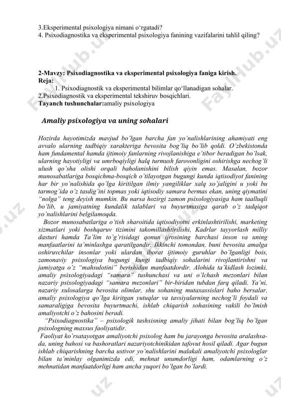 turli usullarigaqo’yiladigan me todologik talablar nimalardan iborat? amaliy psixodiagnostika, jumladan, tashxis jarayonlarini amalga oshirish sharoitlariga qo’yiladigan talablar, olingan natijalarni qayta ishlash va tahlil qilish usullarining ishonchlilik darajasini asosligi qanday? psixodagnostik metodlarning ilmiyligini tekshirish va ularni yaratish jarayonlari qanday amalga oshadi? ikkinchisi, “psixodiagnostika” – psixologik tashxisning amaliy jihati bilan bog’liq bo’lgan psixologning maxsus faoliyat doirasini o’z ichiga qamrab oladi. bunda, nafaqat ilmiy, nazariy balki, psixodiagnostikani tashkillashtirish va uni amalga oshirish jarayoniga aloqador amaliy masalalar yoritiladi. uning tarkibini: “psixodiagnostika” – amaliyotda turli psixodiagnostik usullardan foydalanish mumkin bo’lgan psixologik bilimlar doirasini ifodalaydi. 8 uchun qo’yiladigan maxsus talablarni aniqlash; o’z faoliyatini malakali tashkil etishda kerak bo’lgan bilim va ko’nikmalar tartibini joriy qilish; psixologning psixodiagnostik metodlarni muvaffaqiyatli va malakali o’zlashtirilishidagi ayrim amaliy shart-sharoitlarni yaratish hamda ularga rioya qilish zarurati; psixodiagnostik doirada faoliyat ko’rsatadigan psixologni amaliy jihatdan tayyorlash hamda uning kompetentligini baholashda dastur, metod va usullarni ishlab chiqish masalalari tashkil etadi. yuqoridagi nazariy va amaliy masalalar …