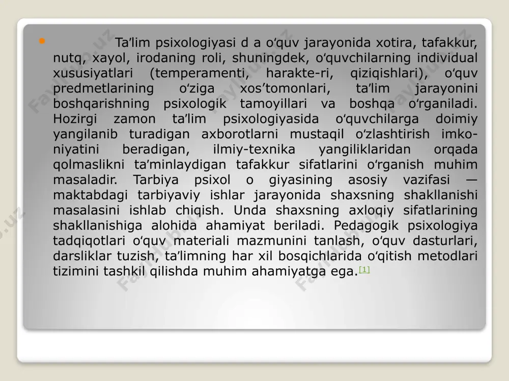 olimlar yosh psixologiyasi buyicha kimmatli tadkikotlarni amalga oshirdilar va yangidan-yangi konuniyatlarni yaratlilar. ananev psixik metodlari emprik natijalarni qaytarilish tashkiliy natijalarni sharxlash statistik psixologik xix asr oxiri xx asr boshlarida aksh va garbiy yevropa mamlakatlarida yosh psixologiyasi va idealogik psixologiya fanlarida ilmiy tadkikotlarga asoslangan kator asarlar paydo buldi. tikalnk psixolog u.djems «ukituvchilar bilan psixologiya tutrisida yeuxbal (1902)» asarida yosh davrinnng xususiyatlari ilmiy va amaliy axamiyatga zga bulgan ma’lumotlarni chukur gaxlil kildi. k.byuler faoliyatinin! xar xil yosh davrlardagi rolini, faoliyat turlarida fantaziya. tafakkur, n> gk, jarayonlarinish rivojlanishimi, akliy faoliyat xamda uni»1 rivojlanishi boskichlarini (ipstinkt. dressura, intellekt) shaxening shakllanishida biologik va ijtimoiy omillarnish axamiyatini izchil urgandi. frants\ch psixologi e.dyurkgeym biologiyada ireiyat kanchalik axamiyatga ega bulsa, taklid xam jamiyatda shunday urin tutishpnn uktiradi. p.janening (frantsuz) fikricha, shaxslararo tashk! m\ nosabatlar rivojlanishnpsh printsipi xisoblanadi. anketa metodi har bir savol 1 nechta javoblar berdilar anglatadigan mativlar anglashga mo’ljallangan savollari turlari sinatuvchi yozilgan to’g’ri javoblarni ballar bilan …