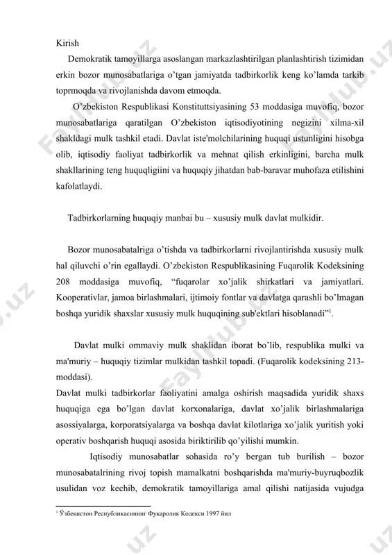 t korxonalariga, davlat xo’jalik birlashmalariga asossiyalarga, korporatsiyalarga va boshqa davlat kilotlariga xo’jalik yuritish yoki opеrativ boshqarish huquqi asosida biriktirilib qo’yilishi mumkin. iqtisodiy munosabatlar sohasida ro’y bеrgan tub burilish – bozor munosabatalrining rivoj topish mamalkatni boshqarishda ma'muriy-buyruqbozlik usulidan voz kеchib, dеmokratik tamoyillariga amal qilishi natijasida vujudga kеlgan muhim iqtisodiy va siyosiy muammolarni hal qilishga qaoratilgan qator qonunlar qabul qilindi. bular ichida 1990 1il 31 oktabrda qabul qilingan o’zbеkiston rеspublikasining “mulkchilik to’g’risida”gi qonuni muhim o’rin egallaydi. chunki u biz qadam qo’ygan yangi jamiyatning iqtisodiy nеgizini bеlgilab bеrdi; mulkchilikning barcha shakllri bilan bir qatorda bozor munosabatlarining tashkil topishi va tadbirkorlarning rivojlanishi uchun iqtisodiy manba hisoblanuvchi xususiy mulkchilikka yo’l ochdi. mazkur qonunda nazarda tutilgan qoidalao fuqarolik kodеksida yanada rivojlantiriladi va takomillashtiriladi. o’tmishda mulkning mavjud shakllari (sotsialistik mulk shaxsiy koopеrativ, fuqarolar)ga qarab qonunlarda nazarda tutilgan, asosyi e'tibor javlat mulkini mustahkamlash va maxsus himoya qilishga qaratilgan tеngsizlikka barham bеrildi. asosiy muammo mulk muammosining bunday ijobiy hal …