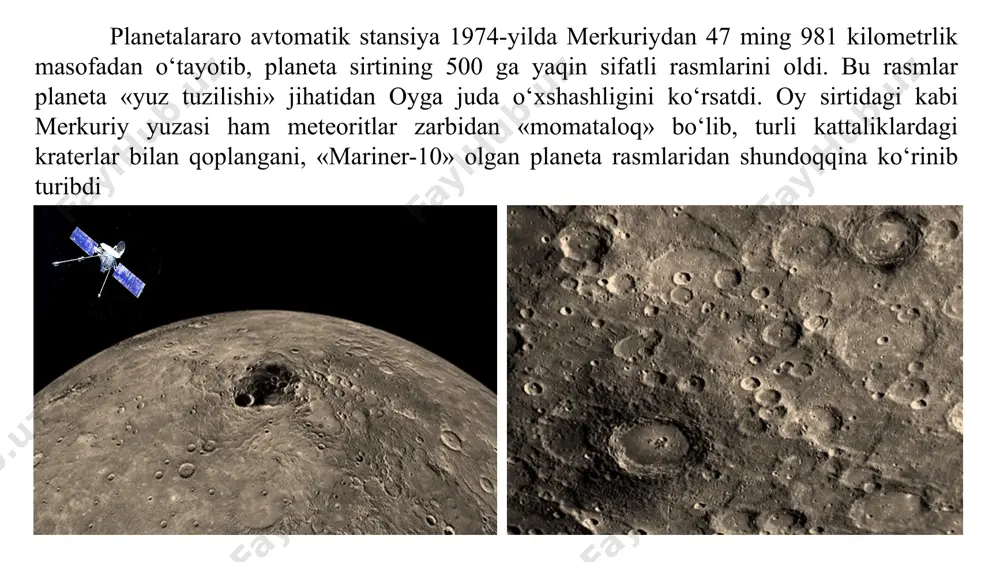 yil al-beruniy nomini olgan 9936-sonli asteroid 1986 yil 8-avgustda belgiyalik astronom erik elst va bolgariyalik astronom violeta ivanova tomonidan topilgan. quyosh atrofida aylanish davri 5,41 yil. 2007 yil 2-oktyabr kuni maydanak baland tog’ observatoriyasida b. hafizov va a.sergeev samarqand asteroidini tadqiq qildilar va uni “(210271) samarkand = 2007 tu2” nomi bilan ro’yhatdan o’tkazishdi. quyosh atrofida aylanish davri 4,3 yil ibn sino asteroidi 1973 yil 26-sentyabrda qirim astrofizika observatoriyasida lyudmila ivanovna chernix tomonidan tadqiq qilingan va “(2755) avicenna = 1973 sj4 = 1978 ux1” nom bilan ro’yxatga olingan. quyosh atrofida aylanish davri 4,8 yil. yerga xavf soladigan asteroidlar yerdagi yuzidagi kraterlar barrinjer krateri arizona, aqsh diametri: 1,2 km chuqurligi: 229 m pingalut krateri kvebek, kanada diametri: 3,44 km chuqurligi: 400 m wolfe creek krateri halls creek, avstraliya diametri: 880 m chuqurligi: 55 m amguid krateri jazoir diametri: 500 m chuqurligi: 65 m tenoumer krateri sahara cho’li, mavritaniya diametri: 1,9 km chuqurligi: …