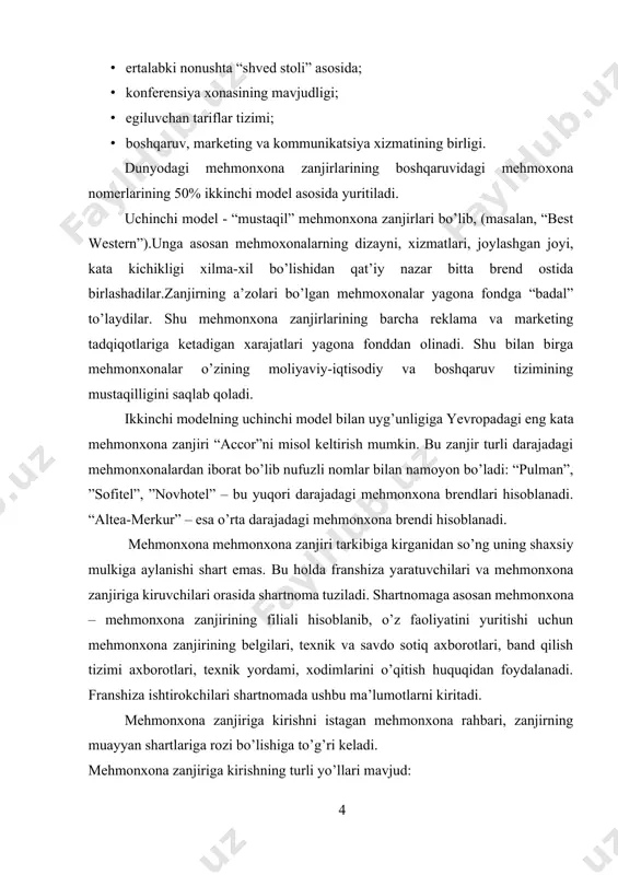 nxona zanjiri bilan franchayzing shartnomasini tuzish;  boshqarish uchun shartnoma tuzish. franchayzing shartnomasiga ko’ra, mehmonxona avtomatik tarzda zanjirga kiradi. bugungi kunda mehmonxona zanjiri mehmonxona biznesida yangilik hisoblanmaydi. yagona markazdan boshqariladigan mehmonxonalar yarim asr oldin paydo bo’lgan, lekin bu boshqarish keng ommaviylashmadi. ikkinchi jahon urushi oxirida mehmonxona zanjiriga kiruvchi mehmonxonalar ko’paya boshladi.urush tugaganidan so’ng esa bozorda mehmonxona zanjirlari qad ko’tardi.“hilton”, “statler” va “sheraton” birinchi mehmonxona zanjirlari markalari hisoblanib, bu mehmonxona zanjirlari tez sur’atlar bilan o’sdi. “statler” konservativ kompaniyasi har doim o’zining mehmonxonalarini los anjeles va vashingtonda, keyinchalik esa dallas va stratfordda qurdi. bu kompaniyaga teskari bo’lgan “hilton” va “sheraton” mehmonxona zanjirlari esa tez o’sishni kafolatlaydigan yo’lni tanladi ya’ni, mavjud bo’lgan mehmonxonalarni sotib olishni boshladi. ikkita kompaniya shunday tez va ko’p ko’chmas mulkni sotishi va sotib olishi natijasida, yirik masshtabli savdo-sotiqni qondirish maqsadida maxsus kartochkalar kiritishiga to’g’ri keldi. bu ikki kompaniyaning barcha xarajatlari oqlandimi yo’qmi ahamiyatsiz edi.chunki har ikki kompaniya ham o’zining …