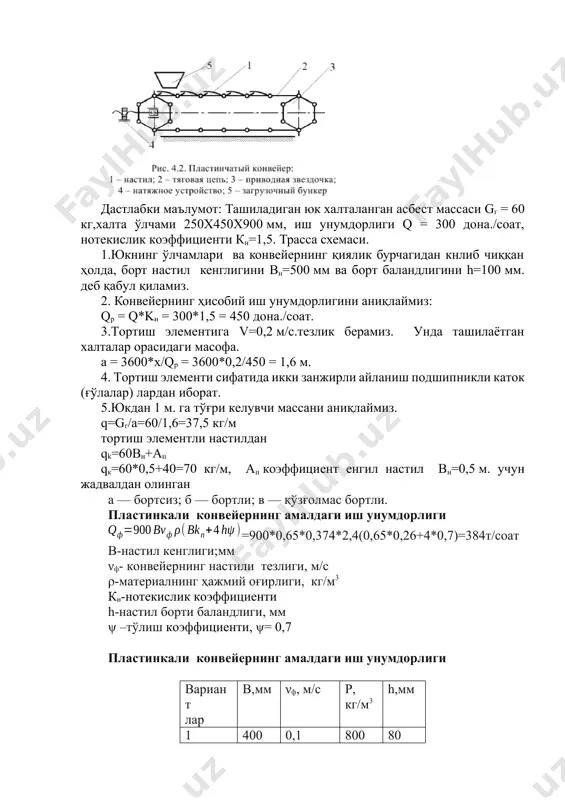 к коэффициенти h-настил борти баландлиги, мм ψ –тўлиш коэффициенти, ψ= 0,7 пластинкали конвейернинг амалдаги иш унумдорлиги вариант лар в,мм νф, м/с ρ, кг/м3 h,мм 1 400 0,1 800 80 2 500 0,16 900 100 3 600 0,2 1000 125 4 400 0,25 1200 160 5 500 0,4 1300 200 6 600 0,5 800 250 7 400 0,6 900 80 8 500 0,8 1000 100 9 600 1,0 1200 125 10 400 0,2 1300 160 ўз-ўзини текшириш учун саволлар 1.пластинкали конвейернинг тузилиши. 2.пластинкали конвейернинг ишлаш принципи. 3.ҳисоблаш йўли билан пластинкали конвейернинг асосий параметрларини аниқлашиш. 4.плацинкали конвейерлар қаерда юк ташиш учун ишлатилади. 5.таранглаш қурилмаси. 6.пластинкали тортиш органи. 7.настил кенглигини. 8.конвейернинг ҳисобий иш унумдорлигини аниқлаш. 9.бортсиз настил 10.бортли настил 11.конвейернинг настили тезлиги image1.png image2.jpeg image3.png image4.wmf oleobject1.bin ) 4 ( 900 y r n h вk в q n ф ф + =