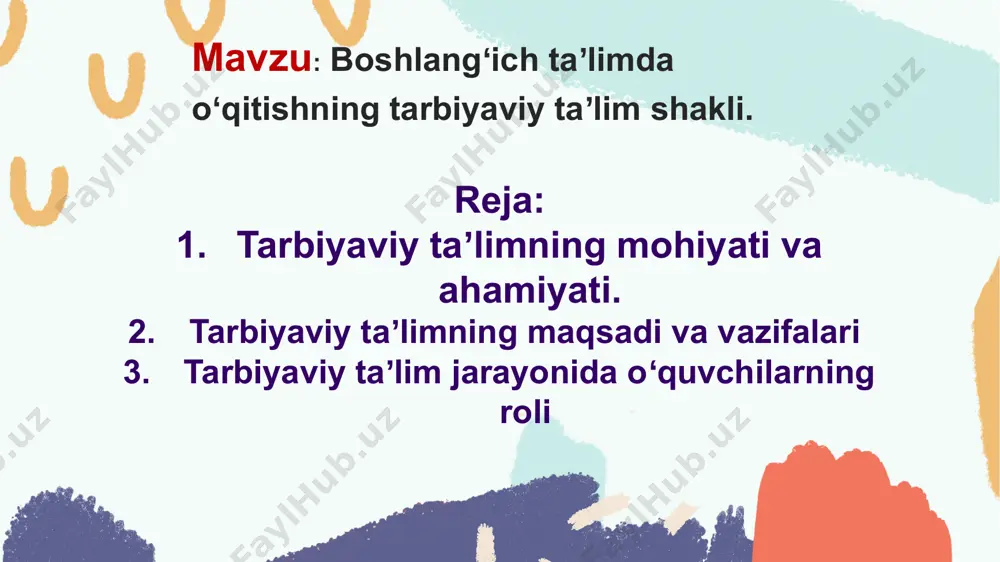 y e'tibor qaratishgan. buyuk adiblarimiz alisher navoiy, behbudiy, abdulla avloniy, abdurahmon jomiy, abu ali ibn sinolarning asarlarida ham bu qrashlar o'z ifodasini topgan. millatimizning madaniyati qanchalik boy ekanligini ham shundan bilib olsak bo'ladi. ma'rifatparvarlardan biri, abdulla avloniy ta'lim va tarbiya, maktab ochish, yoshlarni bilimli ma'naviyatli qilib tarbiyalash haqida qator ishlarni olib boradi. ko'plab asarlarini ta'lim olish, bilim va tarbiyaning mazmuni va mohiyatini yoritib bergan holda, insonlarni ta'lim, tarbiya olishga undash, pand-nasihat shaklida yozadi. click here to add the text, the text is the extraction of your thought, please try to explain your point of view as succinctly as possible. click here to add to the title tarbiyani tug'ilgan kundan boshlamoq, vujudimizni quvvatlantirmoq, axloqimizni kuchlantirmoq, zehnimizni rivojlantirmoq lozim". abdulla avloniy click here to add to the title if your content is really important and difficult to streamline, use segmentation to simply sort and refine the content, which will make the logical …