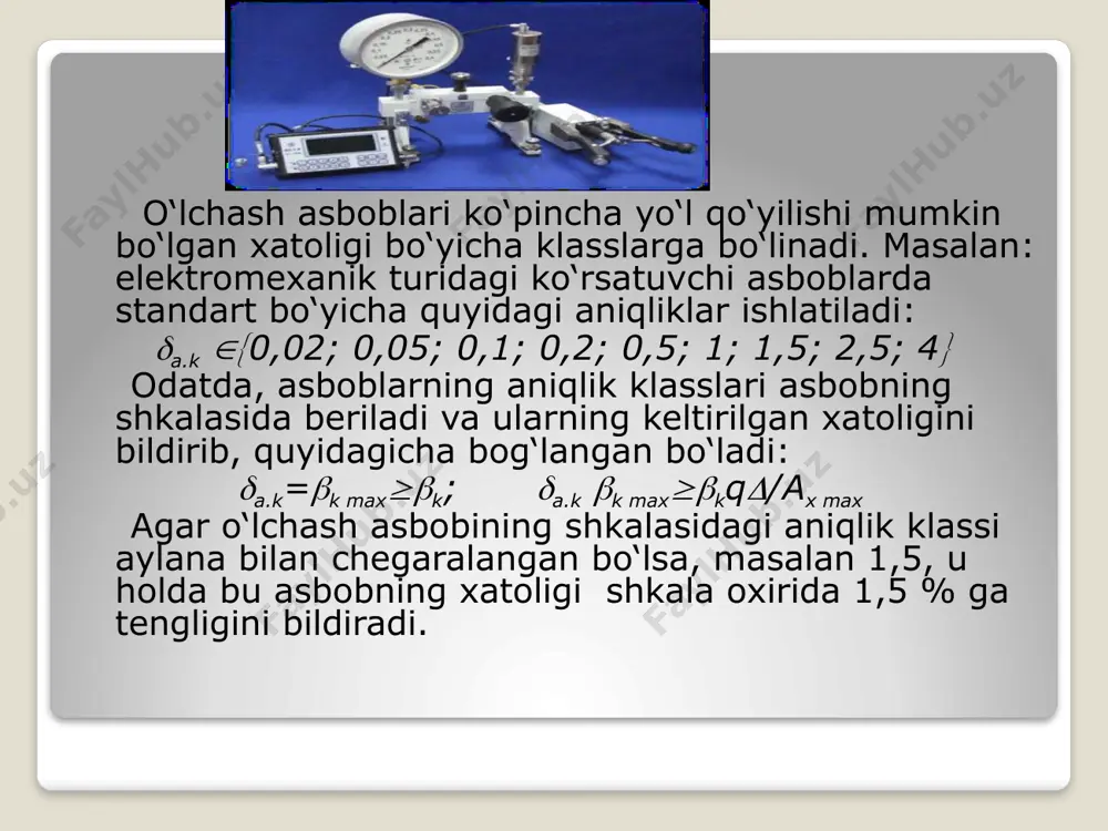 ng variatsisasi – o‘lchanayotgan kattalikning biror qiymatini, o‘lchash sharoitini o‘zgartirmagan holda, takror o‘lchaganda hosil bo‘ladigan eng katta farqdir va u quyidagicha aniqlanadi :  = (а0’ – а0”)/ахmах*100 %, bu yerda, аo‘, а0 – o‘lchanayotgan kattalikning (namunaviy asbob yordamida) takror o‘lchashdagi qiymatlari. variatsiya asosan qo‘zg‘aluvchan qismi tayanchga o‘rnatilgan asboblarda ishqalanish hisobiga kelib chiqadi. o‘lchash diapazoni. bu asosan ko‘p diapazonli asboblarga tegishli. aksariyat hollarda asbobning har bir o‘lchash diapazoniga taalluqli xatoliklari ham beriladi. xususiy energiya sarfi. bu tavsif ham muhim hisoblanib, asbobning o‘lchash zanjiriga ulanganidan so‘ng kiritishi mumkin bo‘lgan xatoliklarini baholashda ahamiyatli sanaladi. ayniqsa, kam quvvatli zanjirlarda o‘lchashlarni bajarishda bu juda muhimdir. xususiy energiya sarfi o‘lchash asbobining tizimiga va konstruktiv ishlanishiga bog‘liq bo‘lib, ayniqsa, kichik quvvatli zanjirlarda o‘lchashlarni bajarishda juda muhimdir. ishonchliligi (chidamliligi) – o‘lchash vositasining ma’lum o‘lchash sharoitida, belgilangan vaqt mobaynida o‘z metrologik xususiyatlarini (ko‘rsatkichlarini) saqlashidir. bu ko‘rsatkichlarni chegaradan chiqib ketishi asbobni layoqatligi pasayib ketganligidan dalolat beradi. o‘lchash asbobining ishonchliligi, …