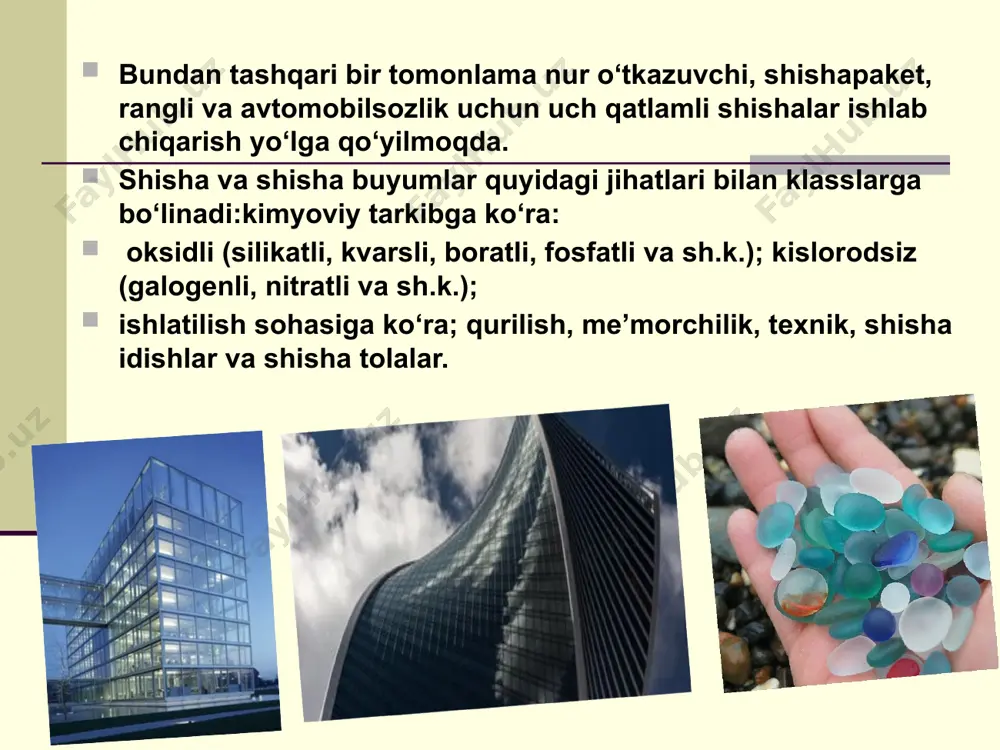 u: shisha, shisha buyumlar va sitallarning asosiy xossalari mavzu: shisha, shisha buyumlar va sitallarning asosiy xossalari nazariy mustahkamligi deraza oynalarining cho‘zilishdagi mustahkamligi 6500-8000 mpa bo‘ladi. shisha strukturasida mikrodefektlar bo‘lganligi sababli haqiqiy mustahkamligi 30-90 mpa bo‘ladi. shishaning siqilishdagi mustahkamligi 700-1000 mpa, ba’zi xollarda 1200 mpani tashkil etadi. nur o‘tkazuvchanligi deraza oynalarining nur o‘tkazuvchanligi 90-92%, profillanganiniki 84-86%, shishabloklarniki 80-85% ni tashkil etadi. shisha nurni qaytarish xususiyatiga ega bo‘lgani uchun va faqat 2% nurni o‘zi yutgani sababli nur o‘tkazuvchanligi asosan nurni oynaga tushish burchagiga bog‘liq bo‘ladi. deraza oynalari infraqizil nurlarni yaxshi, ultrabinafsha nurlarni esa yomon o‘tkazadi. shisha zich material (2,5-2,6 gsm3) bo‘lgani uchun tovushni yaxshi o‘tkazadi. 11 mavzu: shisha, shisha buyumlar va sitallarning asosiy xossalari shishaning issiqlikka munosabati. deraza oynalarining 1000c haroratdagi issiqlik izolyastiyasi koeffistienti 0,4-0,82 w/m0s tashkil qiladi. tarkibidagi ishqoriy oksidlar ko‘p bo‘lgan shisha issiqlikni kam o‘tkazadi. ko‘pikshishaninig issiqlik izolyastiyasi koeffitsienti 0,045-0,058 w/m0c bo‘ladi. xona haroratida shishaning issiqlik sig‘imi 0,63-1,05 kj/kg0c ni …