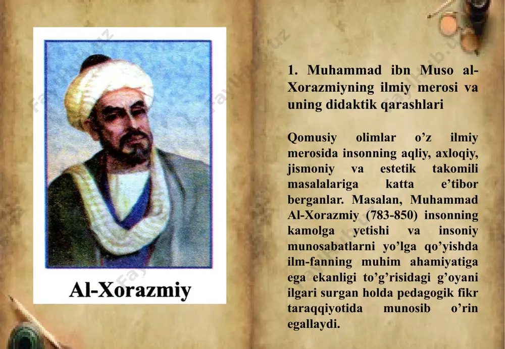 3 - 950) o’rta asr ijtimoiy – falsafiy fikr taraqqiyoti mutafakkir abu nasr forobiy nomi bilan bog’liq bo’lib, uning inson kamoloti haqidagi tahimoti ta’lim – tarbiya sohasida katta ahamiyatga ega. mashhur yunon faydasufi arastudan keyin sharqda o’z bilimi, fikr doirasining kengligi bilan nom chiqargan forobiyni yirik mutafakkir – “muallimiy soniy” - “ikkinchi muallim” deb ataydilar. abu nasr muhammad ibn muhammad ibn tarhan ibn aalagh al-forobiy tahminan hijriy 257(milodiy 870 yilda) tug’ilgan. u haqli ravishda hamma zamonlarda ham islom olamining buyuk faylasuflaridan biri sifatida tan olinadi.al forobiy falsafa, mantiq sohalarida izlanishlar olb borgan, shu bilan birga musiqa nazariyasiga oid kitab al-musiqa al-kabir (buyuk musiqa kitobi)ni yozgan. biroq uning eng mashhur asari “madina al-fadila” (fozil odamlar shahri)ni gayriplaton yo’nalishi vakillari tomonidan platon davlatchiligi bilan taqqoslaganlar. farobiyning ko’p tomli asarlari “бахтсаодатгаэришувтўғрисида”, “ихсо – ал - улум”, “илмларнингкелибчиқиши”, “ақлмаъноларитўғрисида”asarlarni o’z ichiga olgan. abu nasr forobiy (to’liq nomi abu nasr muhammad ibn muhammad ibn uzaliq …