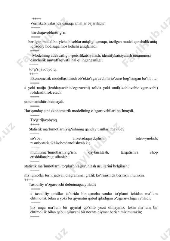 aymiz, lekin ma’lum bir ehtimollik bilan qabul qiluvchi bir nechta qiymat berishimiz mumkin; ==== bu tasodifiy hodisalarning umumiy qonuniyatlari va tasodifiy omillarning ta’sirini miqdoriy baholash usullarini o‘rganadi. ++++ hodisalarning ehtimoli deb: ==== voqea ro‘y berishiga imkon beruvchi mumkin bo‘lgan teng ehtimolli ro‘y berishlarning umumiy sonidagi ulushi tushuniladi. ==== voqea ro‘y berishiga imkon bermaydigani mumkin bo‘lgan teng ehtimolli ro‘y berishlarning umumiy sonidagi ulushi tushuniladi. ==== voqea ro‘y berishiga imkon beruvchi mumkin bo‘lmagan teng ehtimolli ro‘y berishlarning umumiy sonidagi ulushi tushuniladi; ==== voqea ro‘y berishiga imkon beruvchi mumkin bo‘lgan teng ehtimolli ro‘y berishlarning umumiy sonidagi miqdori tushuniladi. ++++ qandaytasodifiymiqdorlargadiskret deb aytiladi? ==== diskret tasodifiy miqdorlar kuzatish natijalari chekli va sanoqli mumkin bo‘lgan sonlar to‘plamidan iborat; ==== diskret tasodifiy miqdorlar kuzatish natijalari cheksiz mumkin bo‘lgan sonlar to‘plamidan iborat; ==== diskret tasodifiy miqdorlar kuzatish natijalari chekli va sanosiz mumkin bo‘lgan sonlar to‘plamidan iborat; ==== diskret tasodifiy miqdorlar kuzatish natijalari cheksiz va sanoqsiz mumkin bo‘lgan …