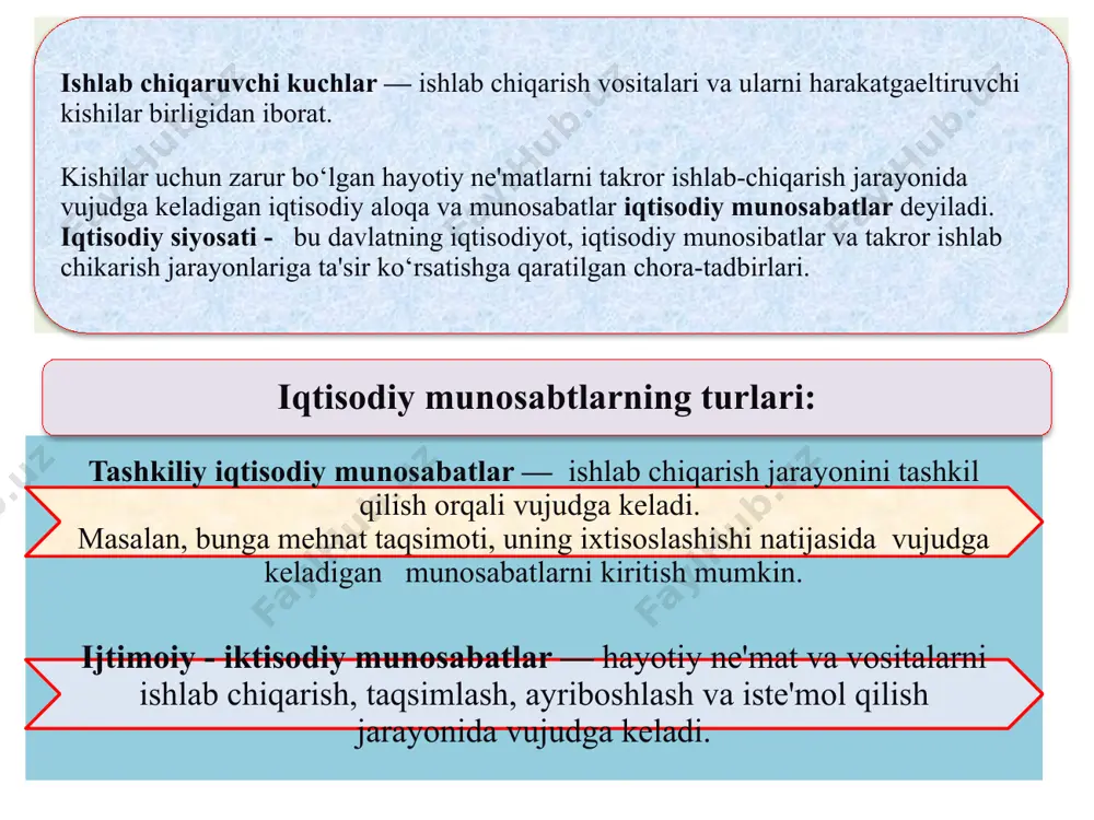 ari kabilar mol - mulki. jamoa mulki turlari: kooperativlar mulki; ijara va jamoa korxonalari mulki; aksionerlik jamiyatlari mulki; xo‘jalik jamiyatlari va shirkatlari mulki; jamoat va diniy tashkilotlar mulki. 19 jamoa mulki bunda ishlab chiqarish vositalari va uning natijalarini o‘zlashtirish jamoa - guruh xarakteriga ega bo‘ladi. shaxsiy mulk manbalari: ijtimoiy ishlab chiqarishdagi ishtirokidan oladigan daromadlari;(ish xaqi) o‘z xo‘jaligi (oila, dehqon)ni yuritish hisobiga oladigan daromadlari; aksiyadan keladigan dividend; foizli daromadlar; shaxsiy tadbirkorlikdan olinadigan daromad; transfert to‘lovlari hisobiga kelib tushadigan mablag‘lar. shaxsiy mulk ob'ektlari: uy va turar joylar; bog‘ va dala hovli; transport vositalari; uy-ro‘zg‘or va shaxsiy iste'mol buyumlari; xo‘jalik faoliyati uchun kerakli ishlab chiqarish vositalari; xo‘jalik faoliyati hisobiga olingan mahsulotlar; pul jamg‘armalari. 20 shaxsiy mulk fuqarolar mulki bo‘lib, ularning shaxsiy yoki oilaviy ehtiyojlarini qondirishga xizmat qiladi. 21 aralash mulk turli mulk ob'ektlari va uning natijalarini turli mulkdorlar tomonidan o‘zlashtirishni bildiradi. (aralash mulk, sub'ektlari sifatida qo‘shma korxonalar, xorijiy fuqarolar, xorijiy tashkilotlar va xorijiy …