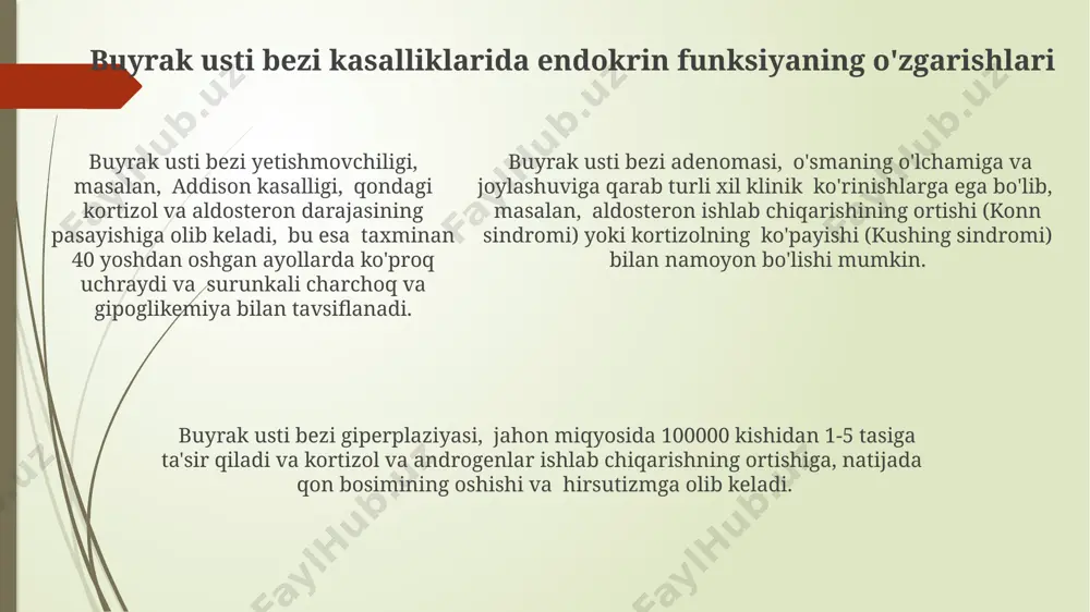 adi, bu esa qandli diabetning rivojlanishi xavfini 5-10% ga oshirishi mumkin. homilador ayollarning 70% da qalqonsimon bez faoliyatining o'zgarishi, ya'ni gipotiroidizm yoki gipertiroidizm kuzatiladi, bu esa toshkentdagi tibbiyot muassasalarining kuzatuvlariga asoslanadi. homiladorlik davrida ayol tanasida gormonlar darajasining 10 baravarga ko'tarilishi, xususan, progesteron va estrogen, bachadonning o'sishini va homila rivojlanishini ta'minlaydi. qandli diabetda endokrin funksiyaning o'zgarishlari qandli diabetning surunkali giperglikemiya holati, buyraklarning glomerulyar filtratsiyasi tezligining pasayishiga va 25-30% gacha buyrak etishmovchiligini rivojlanishiga olib keladi, jumladan, toshkent shahridagi klinikalarda kuzatilgan holda. qandli diabetda insulin ishlab chiqarishning pasayishi yoki to'liq to'xtashi 1 va 2-tipdagi diabetda kuzatiladi, bu esa qonda glyukoza miqdorining 7 mmol/l dan oshishiga olib keladi, bu esa buyraklar va ko'zlar kabi organlarga zarar yetkazishi mumkin. qandli diabetda, taxminan 30% hollarda, avtonom asab tizimining shikastlanishi kuzatiladi, bu esa yurak urishining tezlashishi yoki sekinlashishi kabi, 10 dan ortiq simpatik va parasimpatik asab tolalarining disfunksiyasini keltirib chiqarishi mumkin, bu esa samarqand viloyatidagi amaliyotlarda tasdiqlangan. …