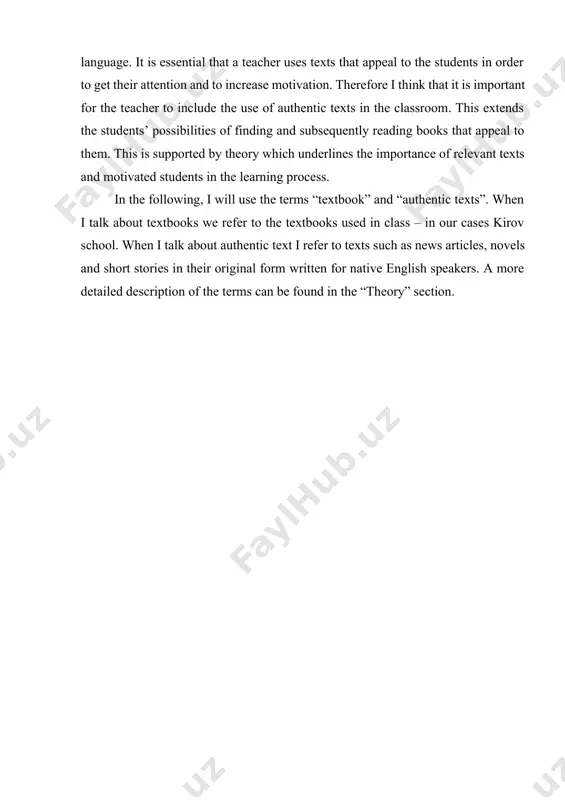 t if students and teachers prefer textbooks or authentic material or if both are needed in order to provide the students with the best possible study aids. i want to investigate which criteria go into the process of choosing the texts and to some extent which ways of working with the texts are preferable. by doing this, i aim to find out if it is possible to boost student motivation and thereby heighten their interests in reading and increase their learning abilities. questions basic questions are: • how do you motivate the students? • is there a connection between the choice of texts and student motivation? • what are teachers’ and students’ attitudes towards textbook texts and authentic material? • in relation to the question above – which of the above mentioned types of text do teachers and students prefer? • is it necessary to combine these two types of …