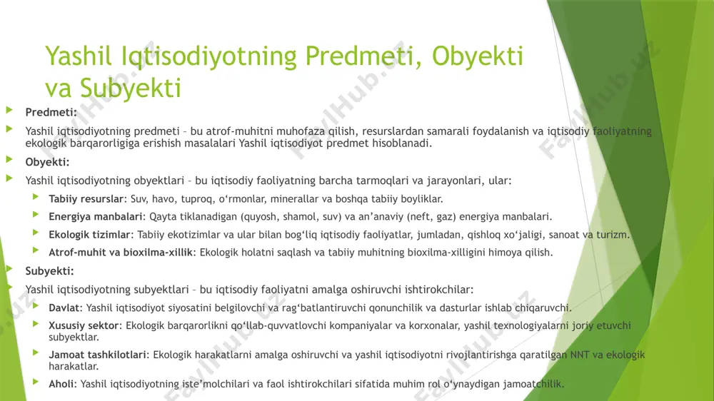 . energiya samaradorligi:qayta tiklanadigan energiya manbalaridan foydalanish natijasida energiyadan tejamkor foydalanish. yangi ish o‘rinlari yaratish:yashil texnologiyalar va innovatsiyalar rivoji bilan yangi kasblar va imkoniyatlar yaratiladi. sog‘liqni saqlashni yaxshilash:ekologik xavfsiz ishlab chiqarish texnologiyalari va havoning tozalanishi natijasida inson salomatligini himoya qilish. iqlim o‘zgarishiga qarshi kurash:karbon chiqindilarini kamaytirish orqali global iqlim o‘zgarishlarini kamaytirishga hissa qo‘shadi. muammolari: yuqori boshlang‘ich xarajatlar:yashil texnologiyalarga o‘tish ko‘pincha katta moliyaviy sarmoyani talab qiladi. texnologik murakkablik:yashil iqtisodiyot texnologiyalarini joriy etish va ularni keng miqyosda qo‘llash murakkab bo‘lishi mumkin. iqtisodiy raqobat:an'anaviy iqtisodiyotga o‘tgan davlatlarda yashil texnologiyalarni rivojlantirishga raqobatni oshiradi. moliyalashtirish yetishmovchiligi:ko‘plab mamlakatlarda yashil iqtisodiyotga o‘tish uchun zarur moliyaviy resurslar yetarli emas. barqaror siyosatning yo‘qligi:yashil iqtisodiyot dasturlarini amalga oshirish uchun global va mahalliy miqyosda barqaror siyosat va qonunchilik talab qilinadi. muammolarni hal etish yo‘llari: moliyalashtirishni kengaytirish:davlat va xususiy sektor o‘rtasida hamkorlikni rivojlantirish, xalqaro grantlar va yashil obligatsiyalarni kengaytirish orqali yashil loyihalarni qo‘llab-quvvatlash. texnologik yangiliklarni rivojlantirish:innovatsion yashil texnologiyalarni tadbiq etish va ularni …