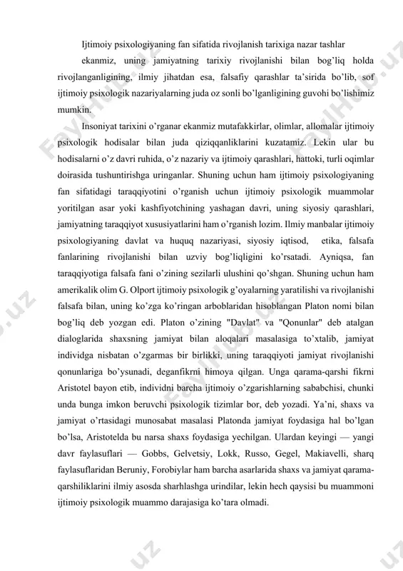 turli xalqlarning bir mamlakatdan ikkinchisiga ko’chishi—migratsiya munosabati bilan qator ijtimoiy fanlar rivojlanishi uchun qulay shart-sharoitlar paydo bo’ldi. shu o’rinda ijtimoiy psixologiyaning ilmiy manbalaridan biri bo’lgan sotsiologiya fanining xizmatini ko’rsatmay bo’lmaydi. sotsiologiyaning asoschilari hisoblangan ogyust kont, gerbert spenser va boshqalar, masalan, jamiyatdagi ijtimoiy hodisalarni o’rganish uchun albatta, o’ziga xos, ayrim psixologik xolatlarni o’rganmoq lozim, degan fikrni qat’iy turib isbot qildilar. ular har bir ijtimoiy voqeada ruhiy hodisalar borligini isbot qilishga urindilar. masalan, fransuz sotsiologi g.tard har bir individda "ijtimoiy fakt" borligini, bu narsa uning miya doirasidagina emas, balki bir qancha miyalar aloqasi tufayli mavjuddir, deb hisoblaydi. ijtimoiy xulq-atvor modeli, uning fikricha, doimo individlararo munosabatni o’z ichiga olib, bunda bir individ boshqa individga doimo taqlid qiladi, shuning uchun ham shaxsni o’rganish boshqa shaxslarni inkor qilmasligini talab qiladi. shunday qilib, sotsiologiyada psixologik yo’nalish paydo bo’ldi. tarddan keyin l.uord, f.giddings va boshqalar ijtimoiylik qonunlarini jamoa ruhiy holati bilan uzviy ravishda o’rgana boshladilar. ularning fikricha, …