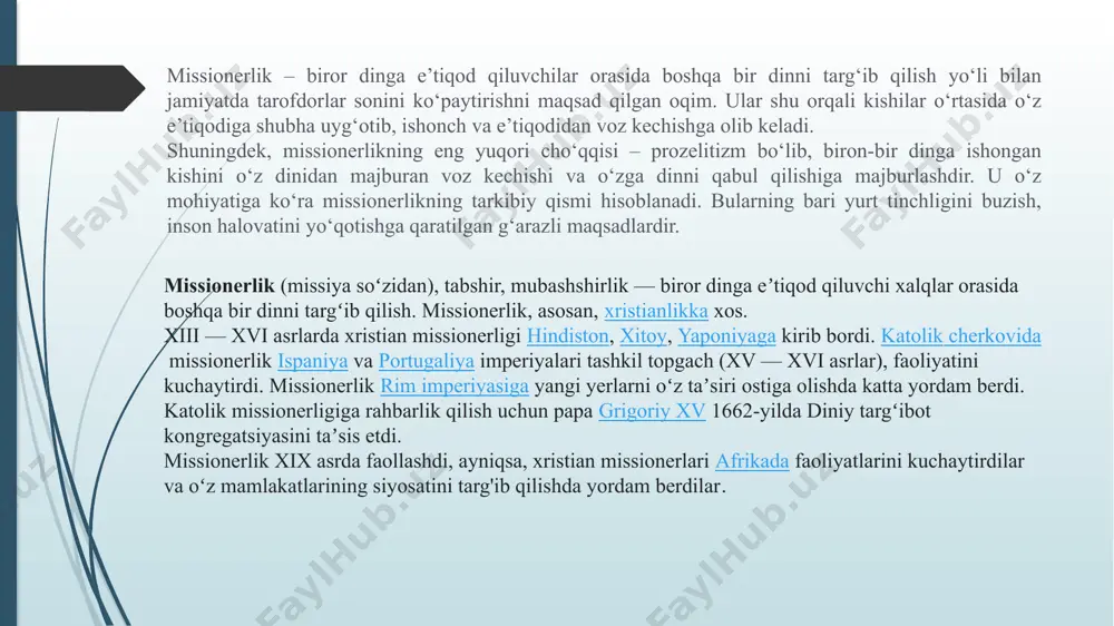 oqda. bu asarlar xalqimiz, ayniqsa, yoshlarimiz uchun muhim ahamiyat kasb etadi. 2011 yili “movarounnahr” nashriyotida tayyorlangan «ma'naviy tahdidlar: missionerlik va prozelitizm (mohiyati, kelib chiqishi, shakllari, muammolar)» kitobining ham bu boradagi ahamiyati katta. kitob o'zbekiston respublikasi fan va texnologiyalar taraqqiyotini muvofiqlashtirish qo'mitasining granti asosida chop etilgan. uni imom buxoriy xalqaro markazi direktori o'rinbosari, falsafa fanlari doktori baxtiyor to'raev boshchiligida ijodiy guruh, ushbu sohaning yetuk mutaxassislari tayyorlashgan. asar ommabop tilda yozilgan, unga ko'p kitobxonlarni qiziqtirgan ma'lumotlar jamlangan. birinchi bobda mamlakatimizda davlat va din munosabatlari borasida olib borilayotgan demokratik o'zgarishlarning mohiyati hamda diniy ma'rifatni yuksaltirish sohasida erishilayotgan yutuqlar va diniy siyosatning huquqiy asoslari tahlil etilgan. ushbu bobning keyingi qismida diniy qadriyatlar ma'naviyatimizning ajralmas bo'lagi ekani, unga qarshi qaratilgan tahdidlar batafsil ta'riflab berilgan. navbatdagi bobda ma'naviy hujumlarning turlari, shakllari va uning asosiy yo'nalishlari haqida ma'lumotlar o'ziga xos tarzda ilmiy tasnif qilingan. jumladan, bunday keltiriladi: “buzg'unchilar, missionerlar ...jamiyat hayotining barcha jabhalariga putur yetkazishi, jamiyat boshqaruvida …