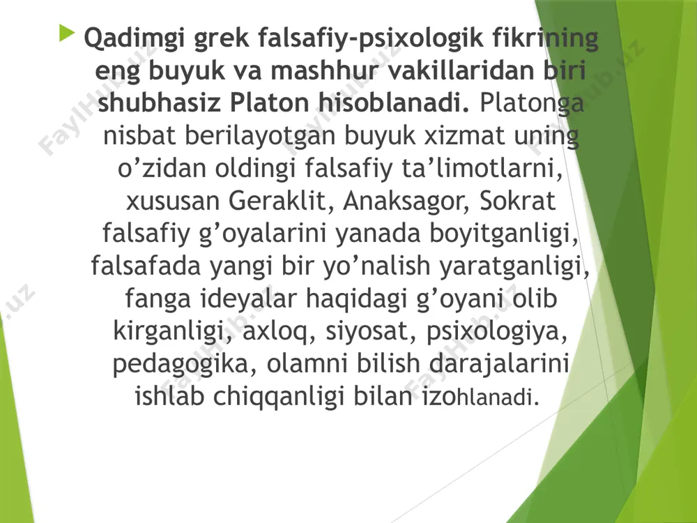 o’ynashi mumkinligi haqidagi fikrdan kelib chiqadi. "pira" va "davlat" asarlarida platon tarbiya muammosini bevosita sahovat va adolat muammaolari bilan bog’laydi. inson jonining uchta asosi: nafs, g’ayrat va mulohazalilikka davlatdagi uchta sinf: hunarmandlar, jangchilar va qo’riqchilar mos keladi. va har bir sinf jon tipi o’z sahovati (sabr-qanoat, shijoat va donishmandlik) ga ega bo’ladi. har bir ko’rsatilgan sifatlar tarbiya yo’li bilan shakllantiriladi va ularning davlat tipiga, adolatga mos kelishi narigi dunyoda mukofotlanadi, adolatsizlik, nomukammal davlat tipi, odamlar sifatlarining nomutanosibligi narigi dunyoda jazolanadi. "fedra" da jonning uch asosi jonning o’z-o’zini harakatga keltirishi haqidagi fikr bilan to’ldiriladi, har xil jon tiplarining ierarxiyasi haqida fikr yuritiladi. 1. xudolar joni; 2. donishmand joni; 3. shoh joni; 4. mehnatkash joni; 5. vujud tabibi, davolovchi joni; 6. avliyo joni; 7. shoir yoki rassom joni; 8. hunarmand joni; 9. sofist joni; 10. zolim joni; 11. hayvonlar joni. "timeya" asarida aql - demiurg’ koinot ruhi, barkamol jonli zot sifatida, "qonunlarda" …