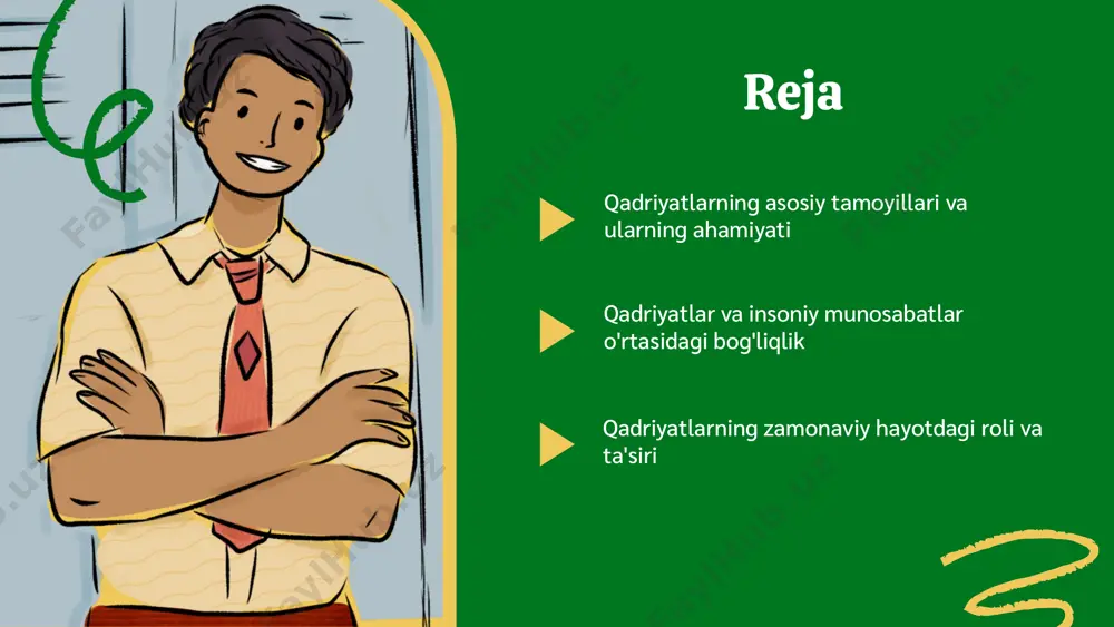 shga undaydi. yana bir misol sifatida, mehr-oqibat qadriyatini qadrlovchi shaxslar, boshqalarga yordam berishga, ularga g'amxo'rlik qilishga tayyor bo'lishadi. ular o'zlarining xulq-atvorlari bilan boshqalarga ijobiy ta'sir ko'rsatadilar va jamiyatda mehr-oqibat muhitini yaratishga yordam beradilar. qadriyatlar shuningdek, bizni bir-birimizga bog'laydi va ijtimoiy aloqalarimizni kuchaytiradi. qadriyatlar va jamiyat qadriyatlar jamiyatni shakllantirishda muhim rol o'ynaydi. ular insonlarning fikrlash tarzini, munosabatlarini va ijtimoiy normalarni belgilaydi. umumiy qadriyatlar jamiyatni birlashtiradi va ijtimoiy barqarorlikni ta'minlashda yordam beradi. masalan, oila qadriyatlari oilaviy aloqalarni mustahkamlaydi, ta'lim qadriyatlari yosh avlodning bilim va tarbiyasiga ta'sir qiladi, adolat qadriyatlari esa ijtimoiy adolatni ta'minlashda muhim ahamiyatga ega. ijtimoiy muammolar va qadriyatlar o'rtasidagi bog'liqlik: 1) oila qadriyatlari - oilaviy aloqalar mustahkamlanadi, bu esa ijtimoiy barqarorlikni ta'minlaydi. 2) ta'lim qadriyatlari - ta'limga bo'lgan munosabat yoshlarni rivojlantirishda muhim rol o'ynaydi. 3) adolat qadriyatlari - ijtimoiy adolatni ta'minlashda asosiy yo'llarni belgilaydi. qadriyatlar falsafasining zamonaviy ta'siri zamonaviy ijtimoiy muammolar zamonaviy hayotda qadriyatlar falsafasi bir qator muammolarga ta'sir ko'rsatadi. …