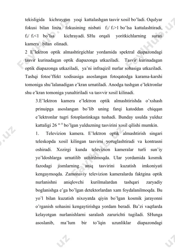 i) ikkinchi tomoniga krilet (na al fe) surtiladi. ulardan kaytgan nurlar interferenuiyalanib kuzatish diapozonini kichraytiradi. polyaroid xiralagich yordamida kelayotgan tabiiy yorug’lik yassi parallel kutblangan nurga aylantiriladi. bunday saralagichlar kristall prizmalar tuplamidan iborat bo’ladi. bunda kuzatish sohasi δλ ≤ 1 å bo’ladi. bunday toraytirishda shunday muhit tanlab olinadiki, bu muhitga tushgan nurlar oddiy va oddiymas nurga ajraladi. bu ajralgan nurlar kayta uchrashganda fazalar farqi bilan kelganligi uchun ular uchrashganda interferenuiyalanadi. bu muhitning kalinligi d= xisoblanadi. n0 – oddiy nurning sindirish ko’rsatkichi, ne- gayrioddiy nurning sindirish ko’rsatkichi. bu usulda ishlaydigan saralagichni interferenuion polyarizauion saralagich(ips) deyiladi radio teleskoplarda xam nur saralagichlar urnatiladi, parabolik antennadan kaytgan nurlar uning fokusida to’rgan geru dipoliga tushadi. geru dipoli uzgaruvchan toq xosil kiluvchi generatoriga ulangan vaqtda undan dipolning uzunligidan ikki marta katta bo’lgan e’lektromagnit to’lqinlari tarkala boshlaydi. bu vaqtda geru dipolining priyomnikka ulasak, u uziga mos keluvchi e’lektrogmagnit to’lqinini yutadi. demak, bu erda dipol nur sarlagich vazifasini bajaradi. …