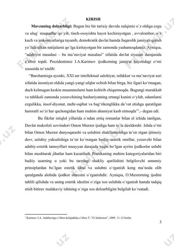 anilgan. tadqiqotning ilmiy yangiligi: o`zbek adabiyotshunosligida omon muxtor hayoti va ijodi keng miqyosda o`rganilgan. ammo adibning estetik ideali, uning individual uslubi bilan uyg`unlikda tahlil qilish masalalari deyarli o`rganilmagan. ana shu jihat ishimizning yangiligini belgilaydi. tadqiqot obyekti va predmeti: omon muxtorning “egilgan bosh”, “ming bir qiyofa”, “ko`zgu oldidagi odam”, “tepalikdagi xaroba”,”maydon” asarlari mavzu tadqiqida material vazifasini o`taydi. omon muxtor romanlaridagi shakliy-uslubiy individullikning namoyon bo`lishi tadqiqot predmetini belgilaydi. tadqiqotning ilmiy- amaliy ahamiyati: ushbu bitiruv malakaviy ishning nazariy xulosalaridan akademik litsey, kasb-hunar kollejlari hamda o`rta umumta’lim maktablari uchun ma’ruzalar qilishda, referatlar yozishda, uslubiy tavsiyanomalar tuzishda foydalanish mumkin. tadqiqotning tuzilishi: bitiruv malakaviy ish tuzilishiga ko`ra ikki bob va to`rt fasl, xulosa hamda foydalanilgan adabiyotlar ro`yxatidan iborat. i bob. badiiy adabiyotda estetik ideal muammosi i.1 omon muxtorning adabiy-estetik qarashlari jahon adabiyotshunosligidan shu narsa ayonki, ijodkorning adabiy-estetik qarashlari badiiy asarlarini to`g`ri talqin qilishda muhim o`rin tutadi. zero, ular orqali yozuvchining badiiy-estetik konsepsiyasi ma`lum bo`ladi. shuningdek, bu …